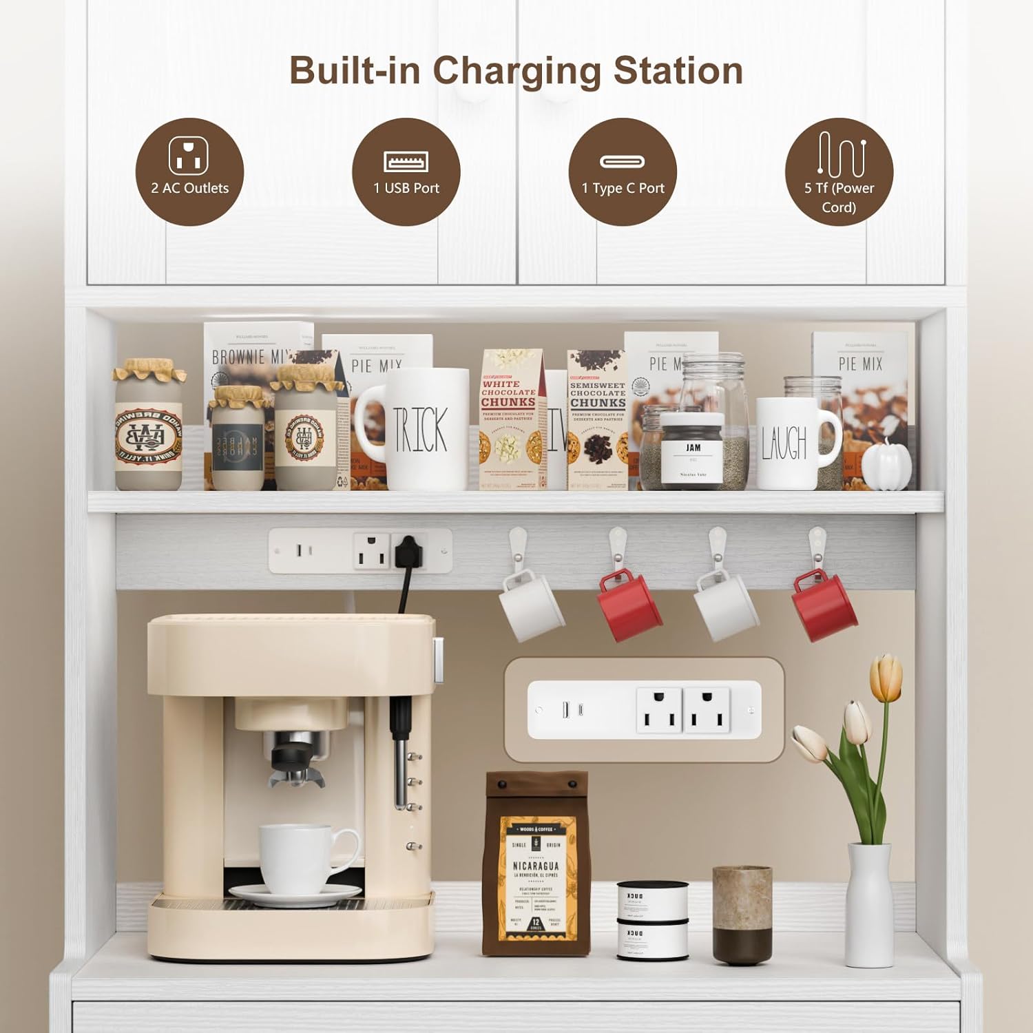 71 Inch Tall White Farmhouse Kitchen Pantry Storage Cabinet Freestanding Microwave Stand with Hutch Doors Drawers for Dining Room Furniture Addition