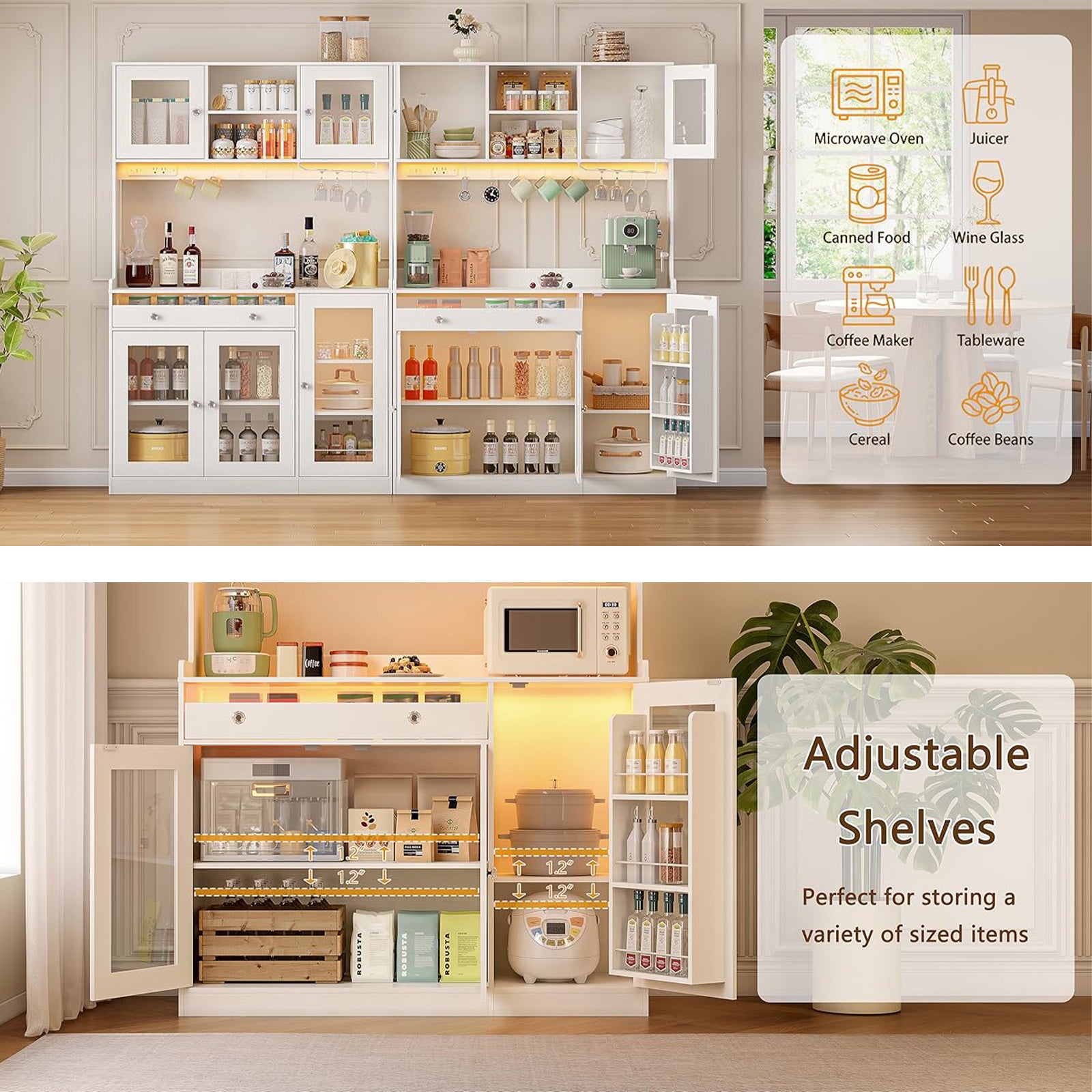 Qwatto 71"Kitchen Pantry Cabinet with Charging Station and LED Lights Tall Freestanding Kitchen Hutch with storage Rack Microwave Stand White Cabinet