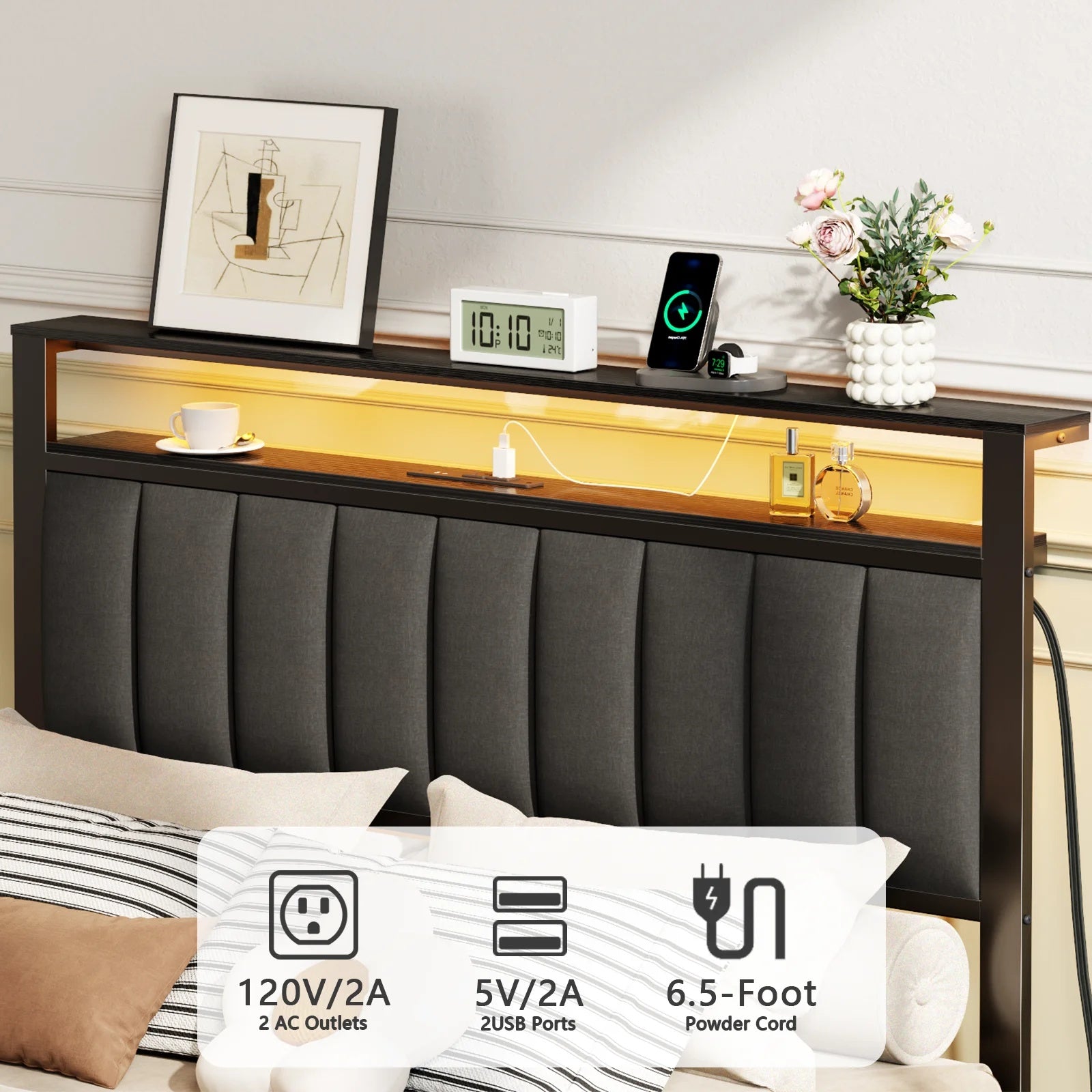 Furnulem Full and Queen Size Bed Frame with Charging Station and LED Lights, Platform Bed with Metal Slats, Grey Upholstered Headboard with 2-Tier Storage Shelves, No Box Spring Needed