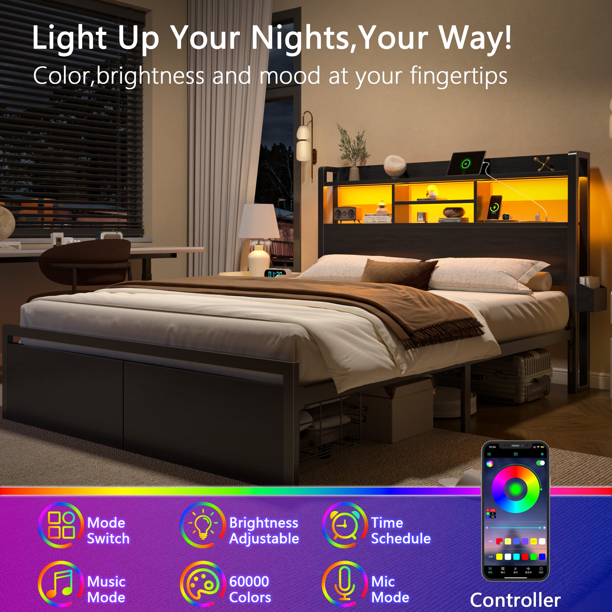 Furnulem Queen Size Bed Frame with Wooden Headboard and Shelves Metal Platform Bed Frame with Storage Drawers LED Lights and Charging Station Black