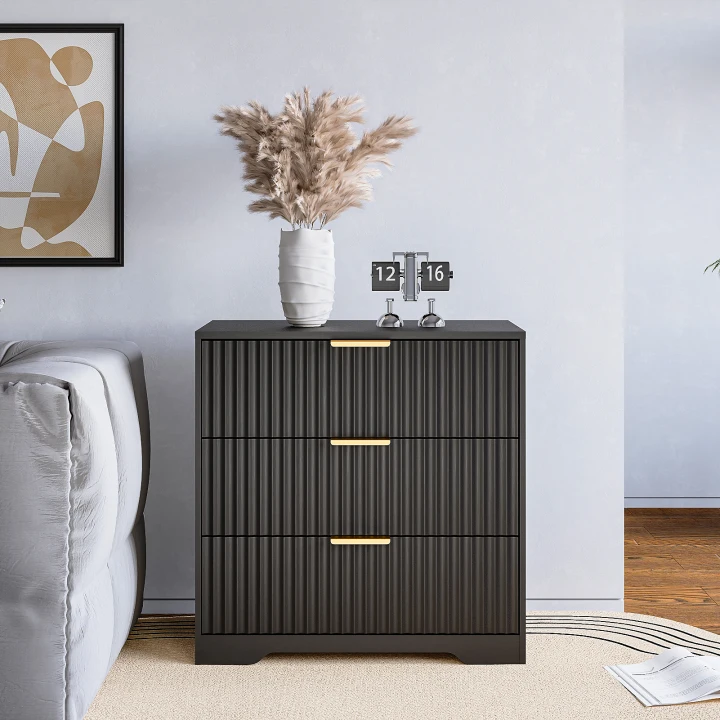 Black 3 Drawer Nightstand Fluted Wood Bedside Table Modern Storage Cabinet Wide Bedroom Dresser Accent Furniture Large 27 Inch Chest Organizer