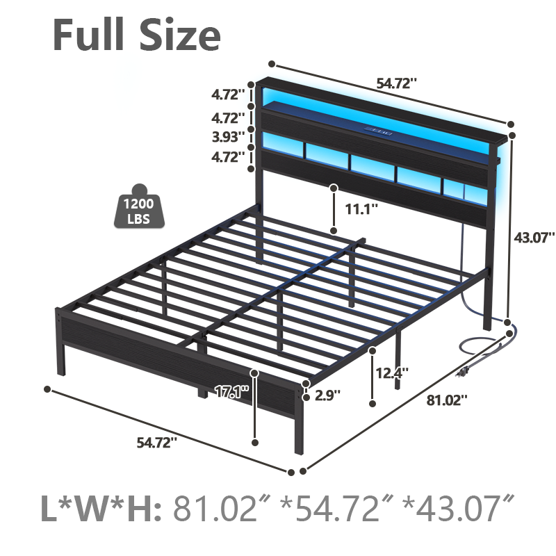 Furnulem Queen Bed Frame with Storage Headboard, LED Lights & Charging Station