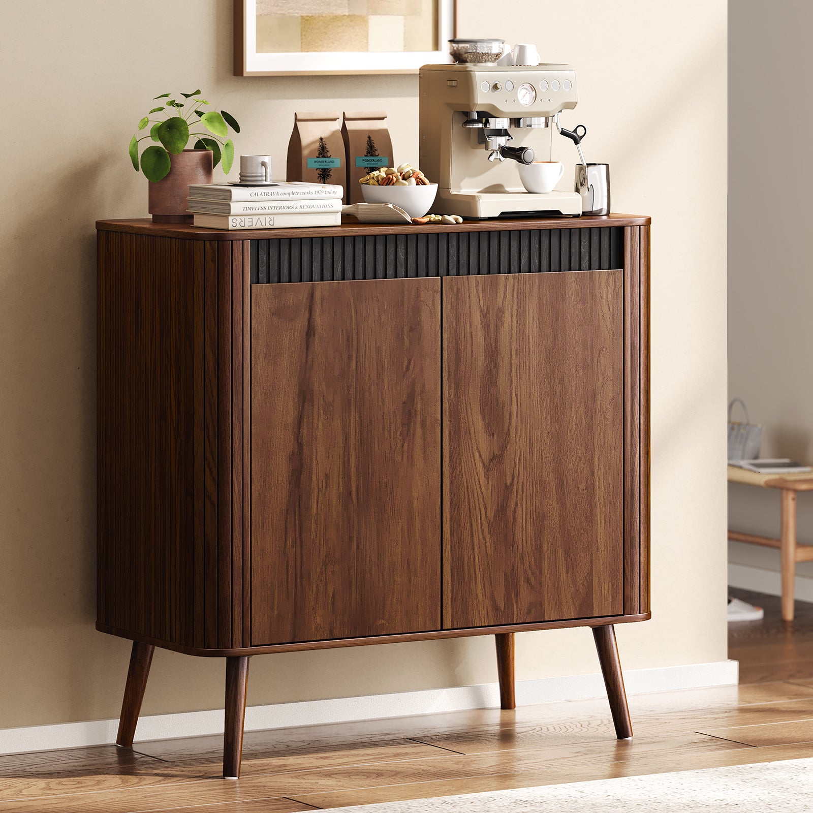 Qwatto 31.5" Fluted Sideboard Buffet Cabinet Modern Accent Storage Cabinet Adjustable Shelves Wood Coffee Bar Console Table Dining Living Walnut
