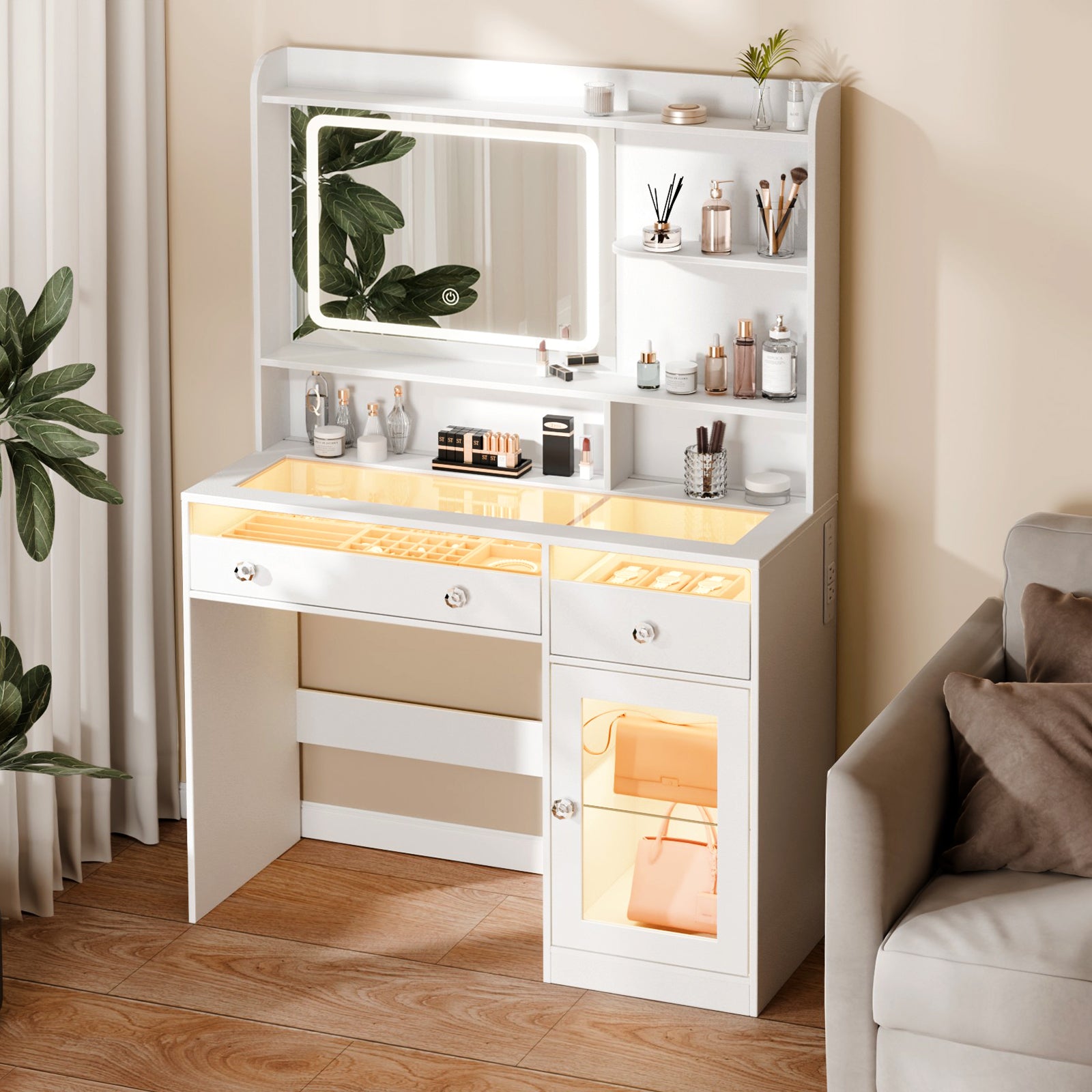 Qwatto White Makeup Vanity Desk with Mirror and Lights Vanity Set 3 Color Lighted Mirror Dressing Table with Power Outlet and Drawers Cabinet