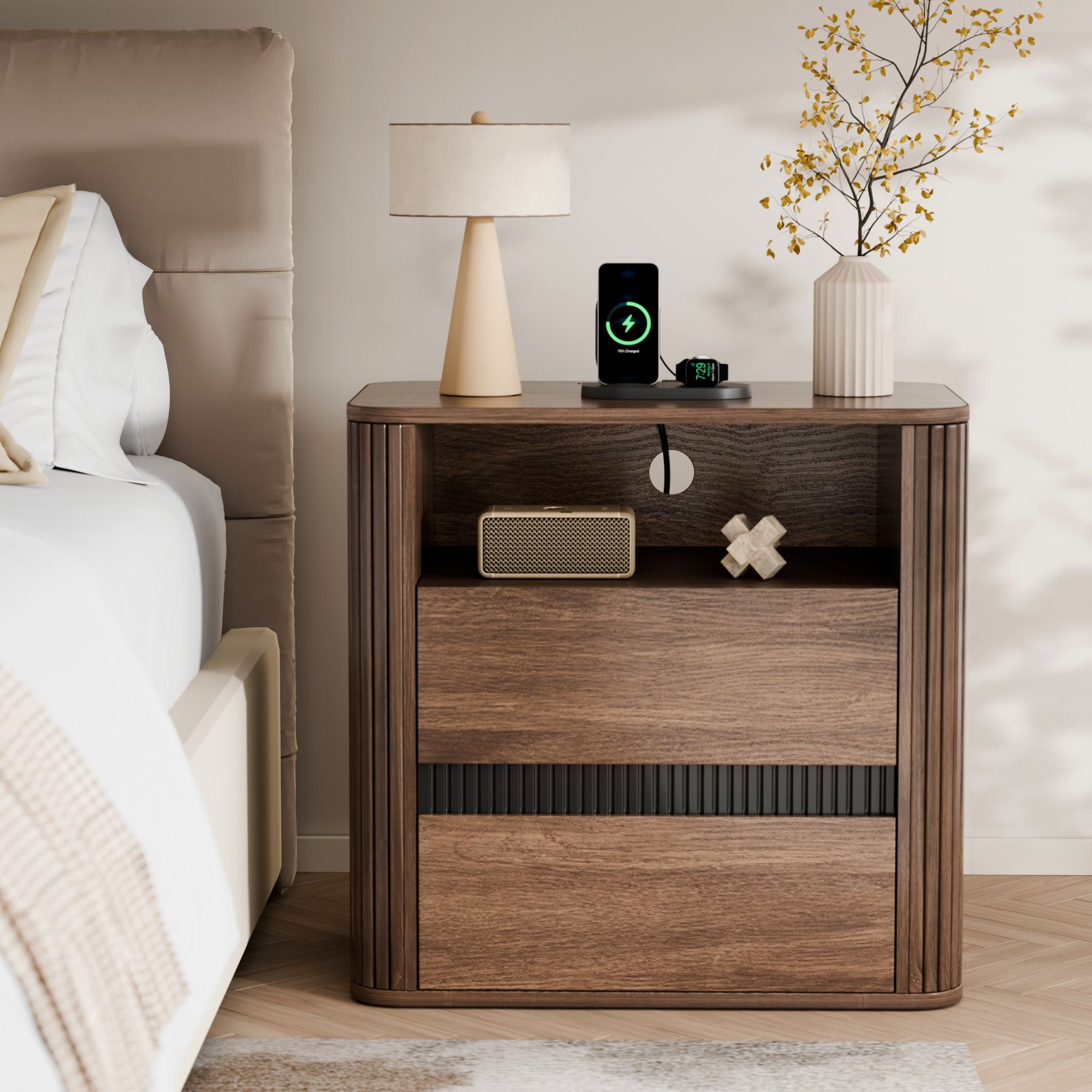 Modern Walnut Side Table with Charging Station and 2 Drawers Rolling Wood Nightstand for Bedroom Rounded Edge End Table Living Room Accent Furniture