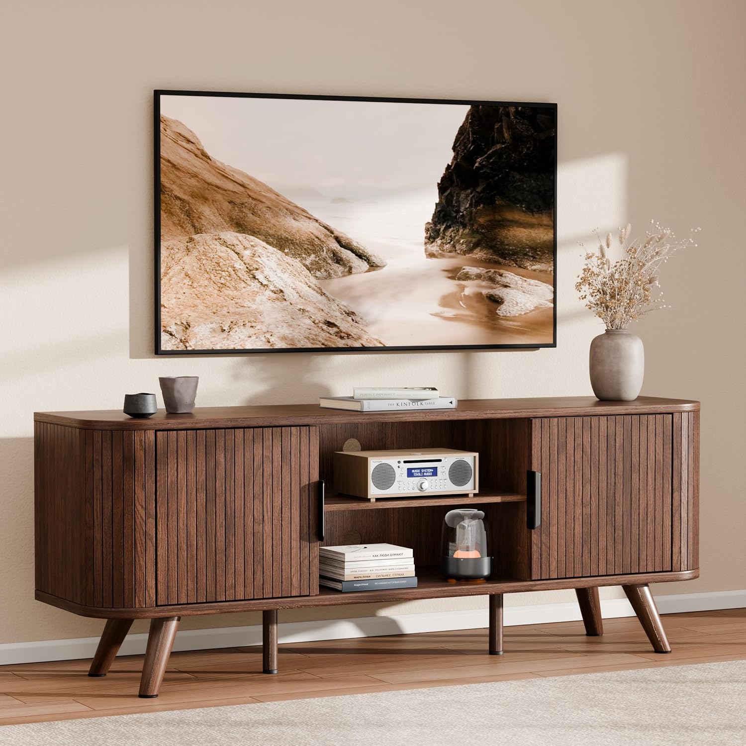 Curved Edge TV Stand Walnut Finish Media Console for 65 Inch TV Modern Fluted Door Credenza with Storage Mid Century Living Room Furniture