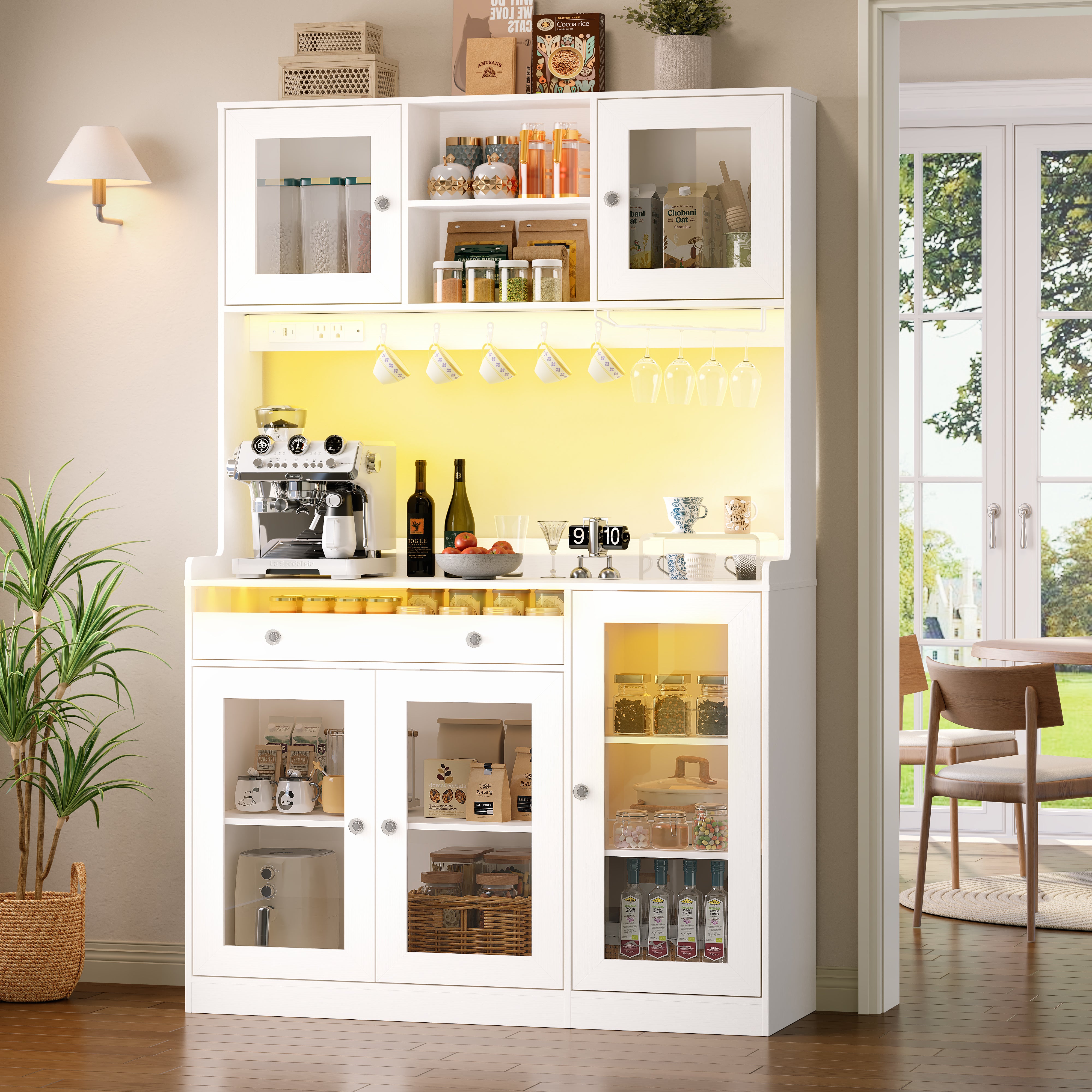 Qwatto 71"Kitchen Pantry Cabinet with Charging Station and LED Lights Tall Freestanding Kitchen Hutch with storage Rack Microwave Stand White Cabinet