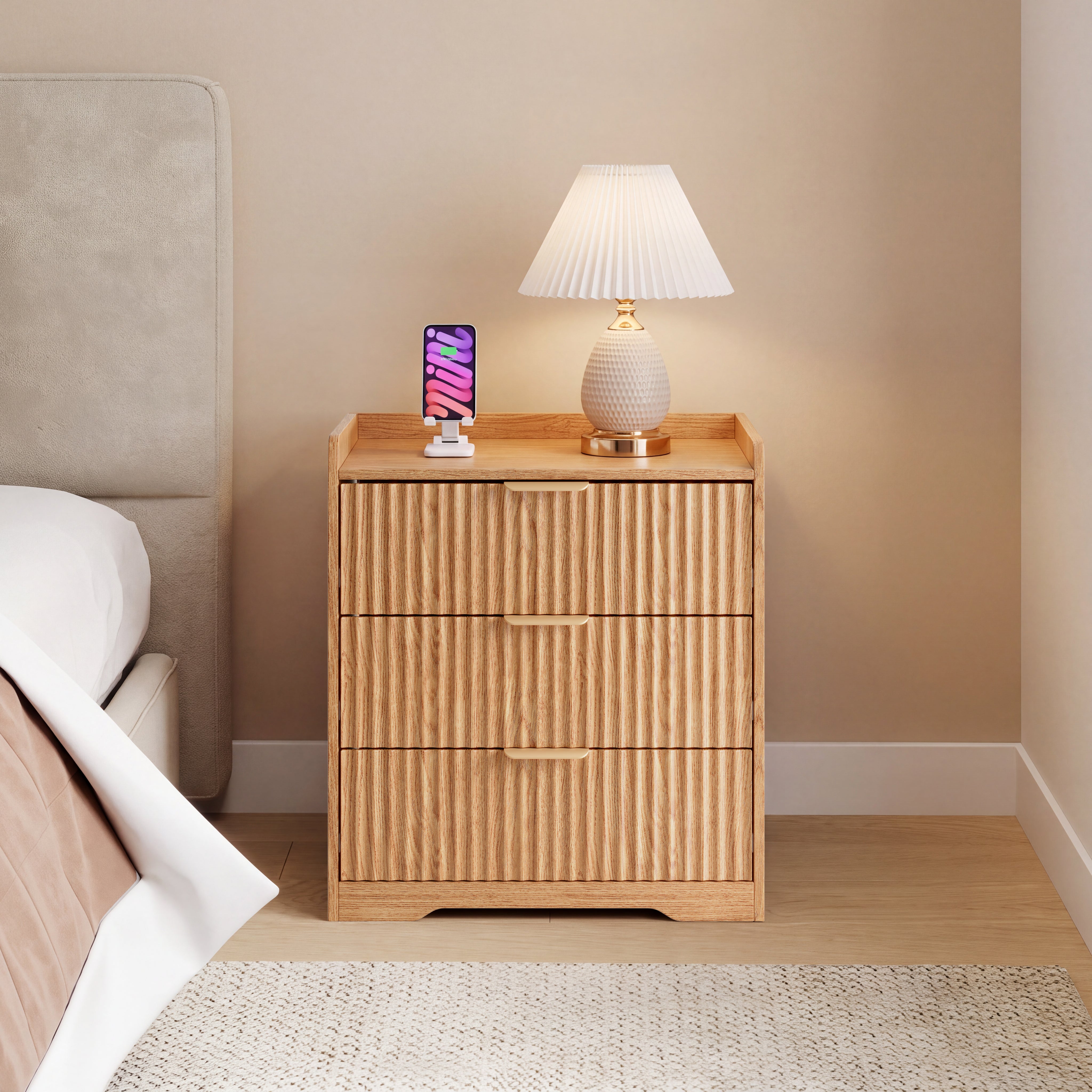Natural Oak 3 Drawer Fluted Nightstand Modern Wood Bedside Table Accent Dresser Chest of Drawers with Metal Handles for Bedroom and Entryway