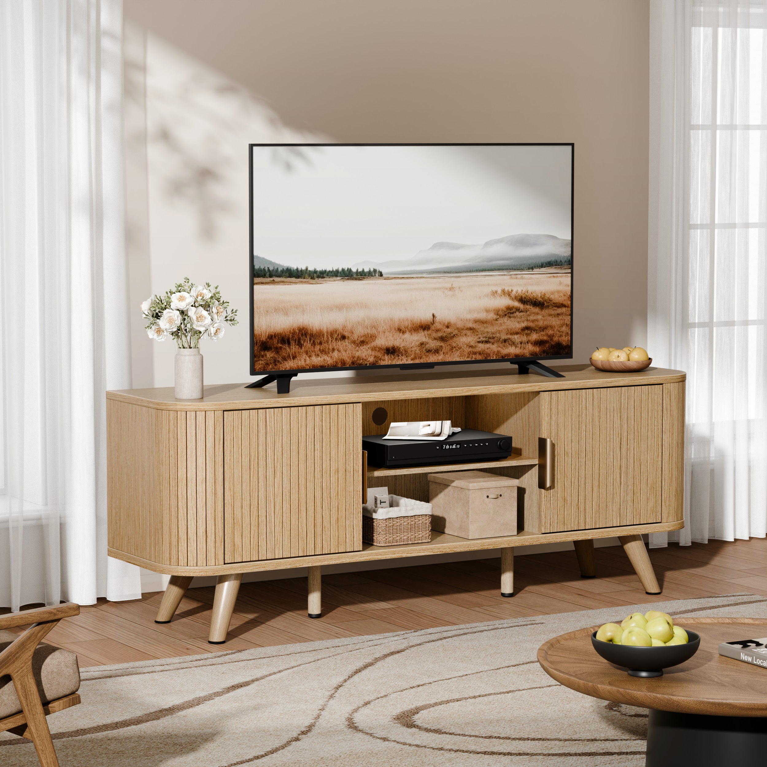 55 Inch Media Console for Bedroom Living Room Oak TV Stand for 65 Inch TV Mid Century Modern Cabinet Fluted Wood Detail Cable Management