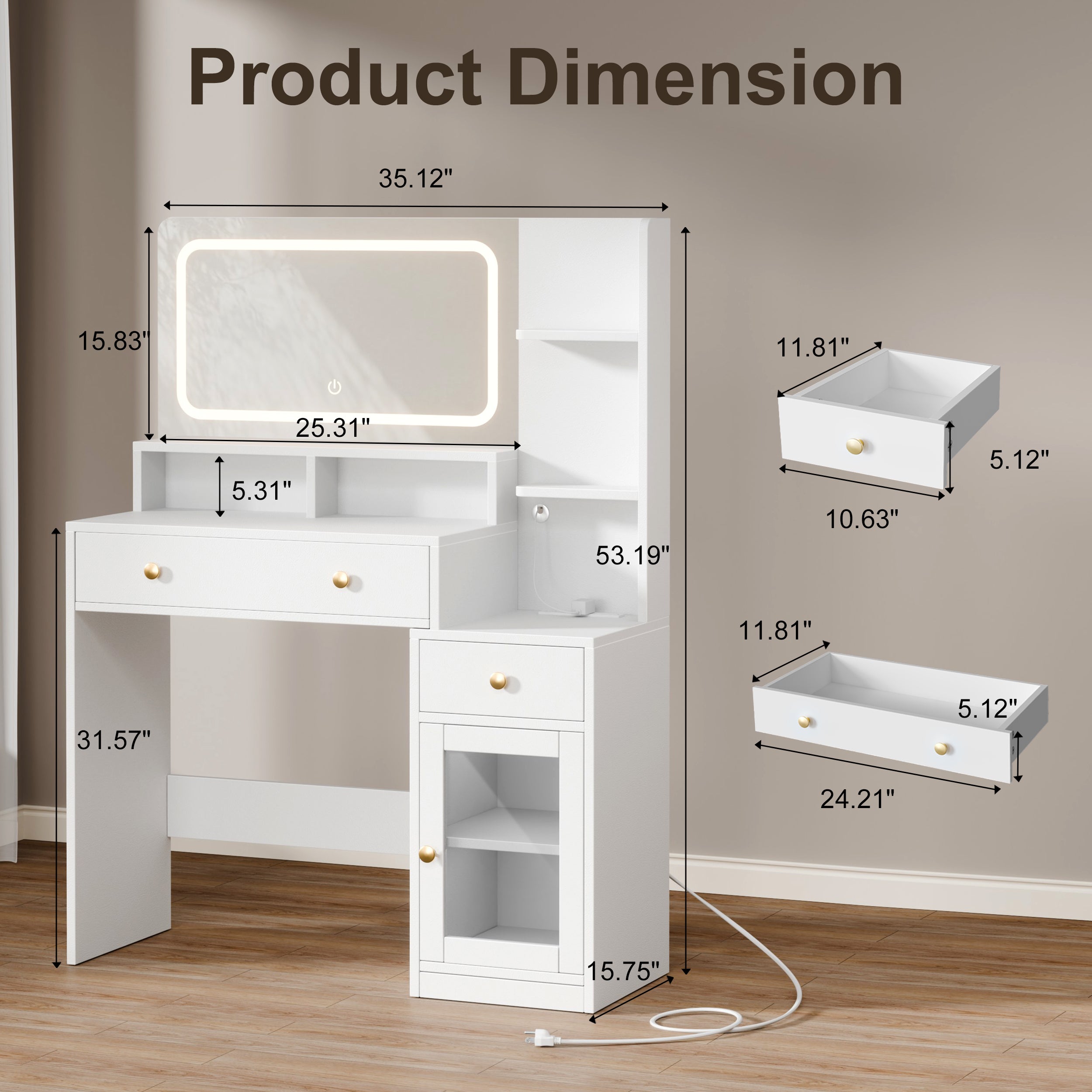 Modern White Makeup Vanity Desk with LED Lighted Mirror Charging Station 2 Outlets USB Type C 2 Drawers 3 Shelves Acrylic Cabinet Bedroom Vanity Set