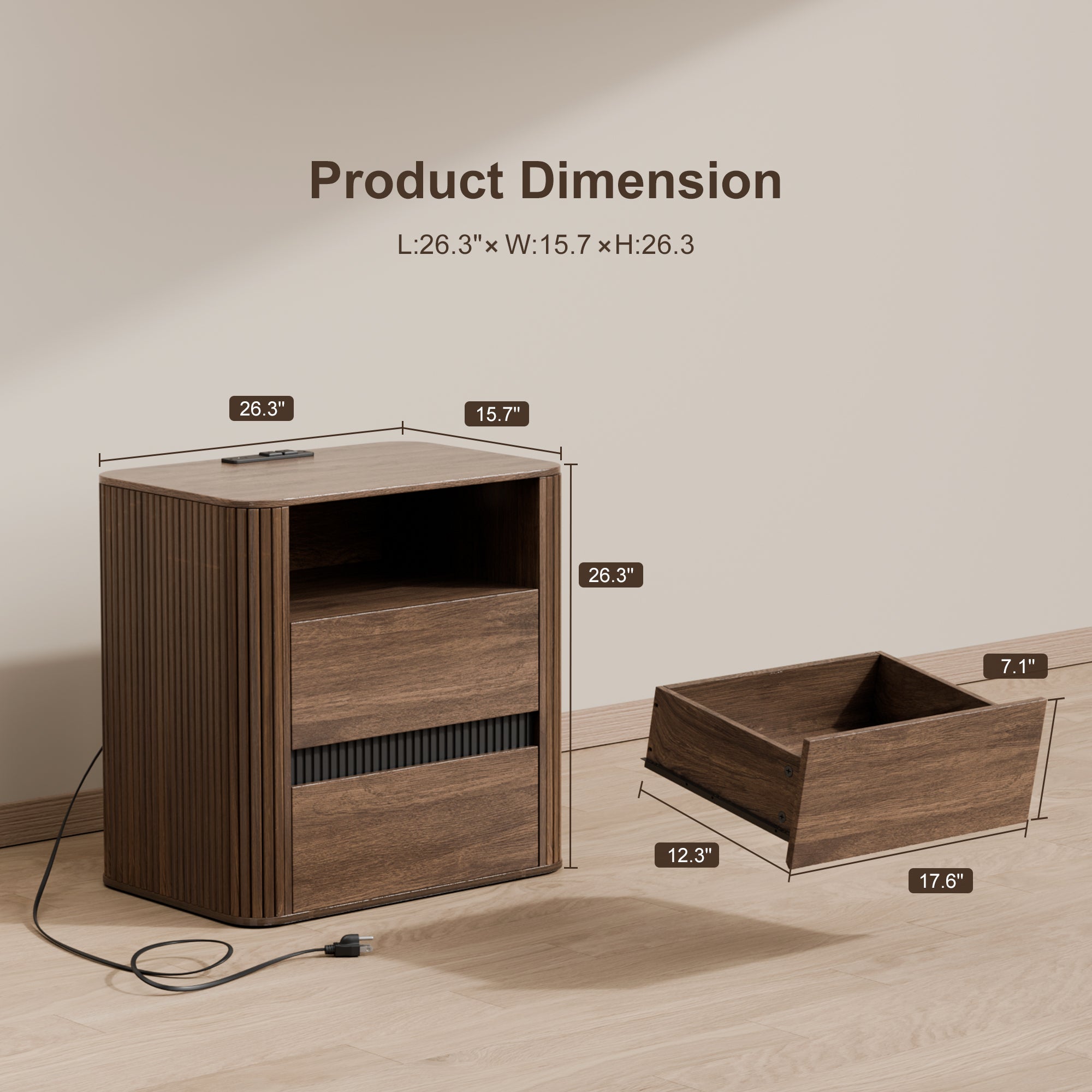 Unique Walnut Nightstand Charging Station 2 Drawers Roller Blind Design Rounded Modern Bedside Table Mid Century End Table Bedroom Storage