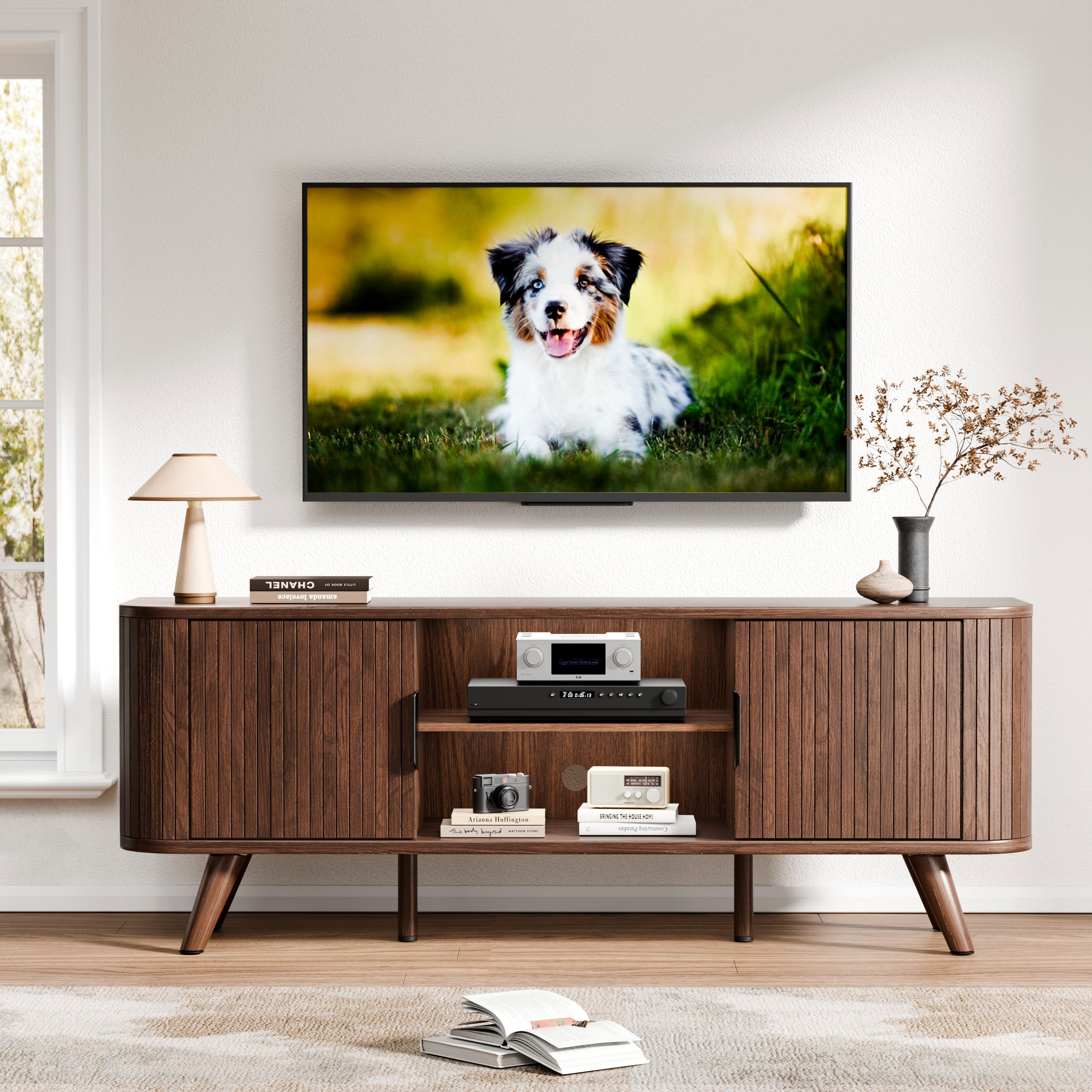 Walnut Entertainment Center for TVs up to 65 Inch Mid Century TV Console with Slatted Doors Large Storage Shelves Modern Wood Media Stand