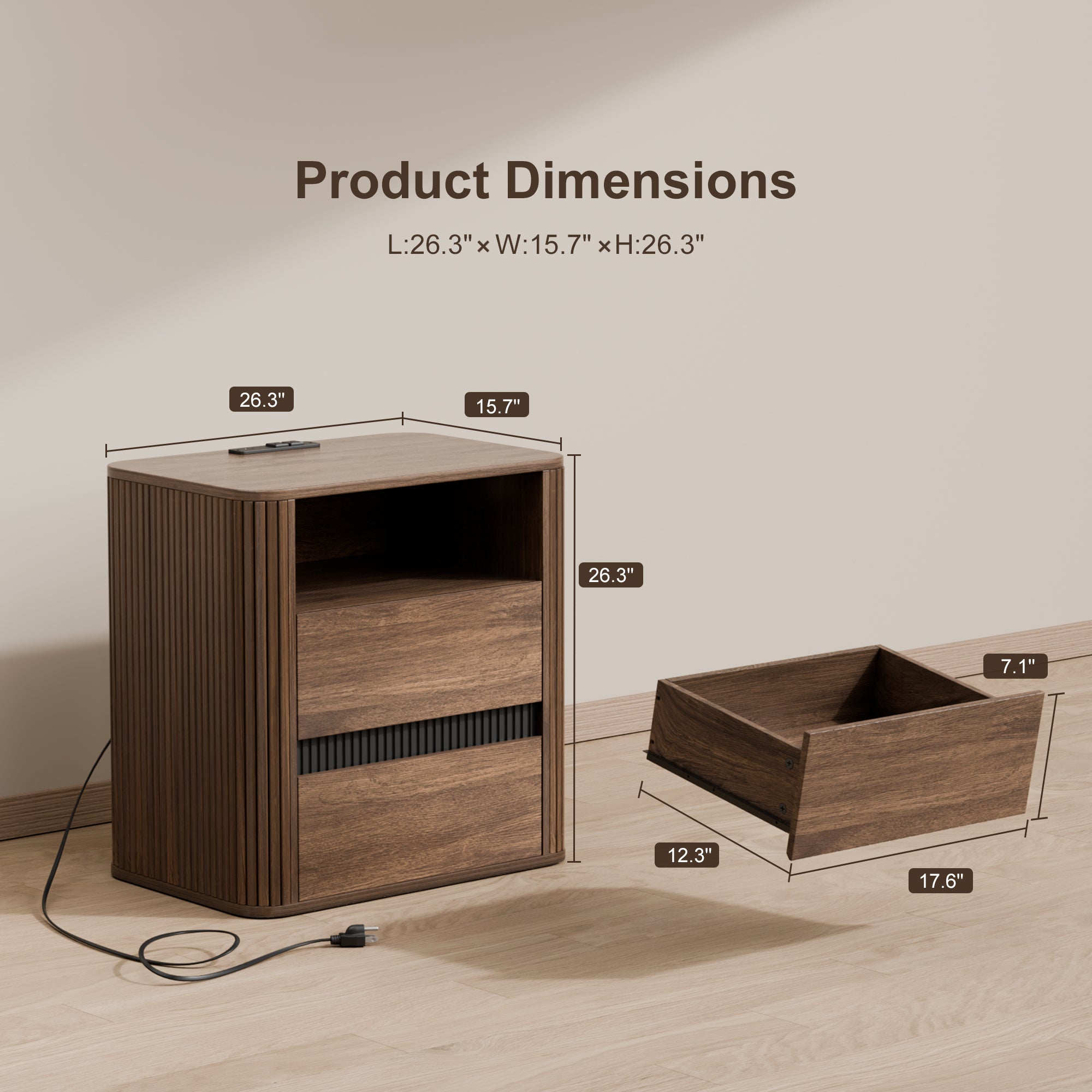 Modern Walnut Side Table with Charging Station and 2 Drawers Rolling Wood Nightstand for Bedroom Rounded Edge End Table Living Room Accent Furniture