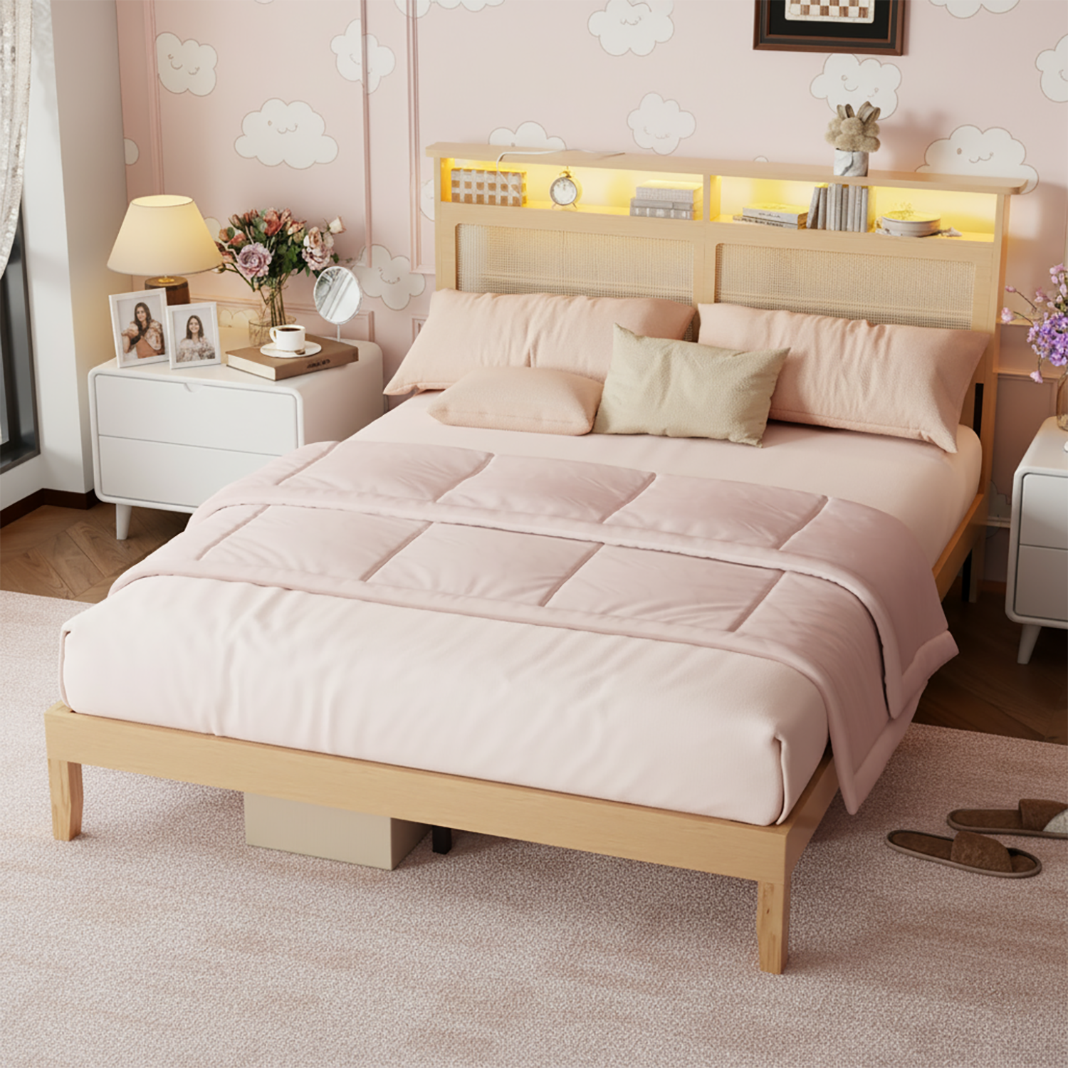 Queen Size Platform Bed Frame with Storage Headboard Charging Station LED Lights Natural Wood Rattan Under Bed Storage No Box Spring