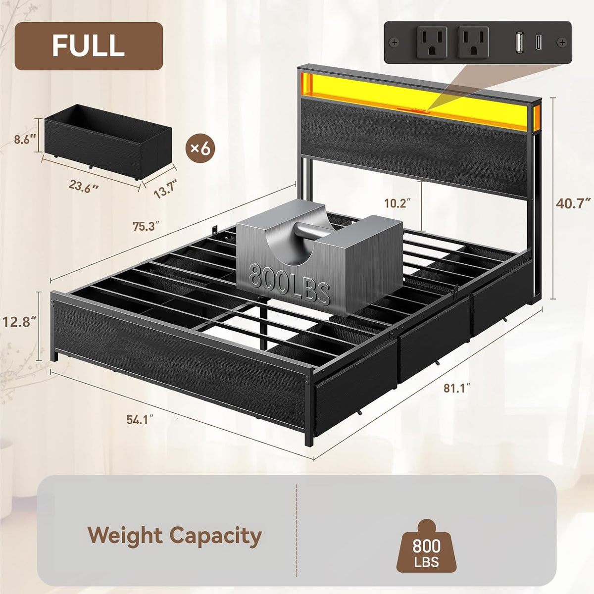 Bed Frame 6 Drawers Storage Headboard LED Lights Charging Station Metal Platform Bedframe Black