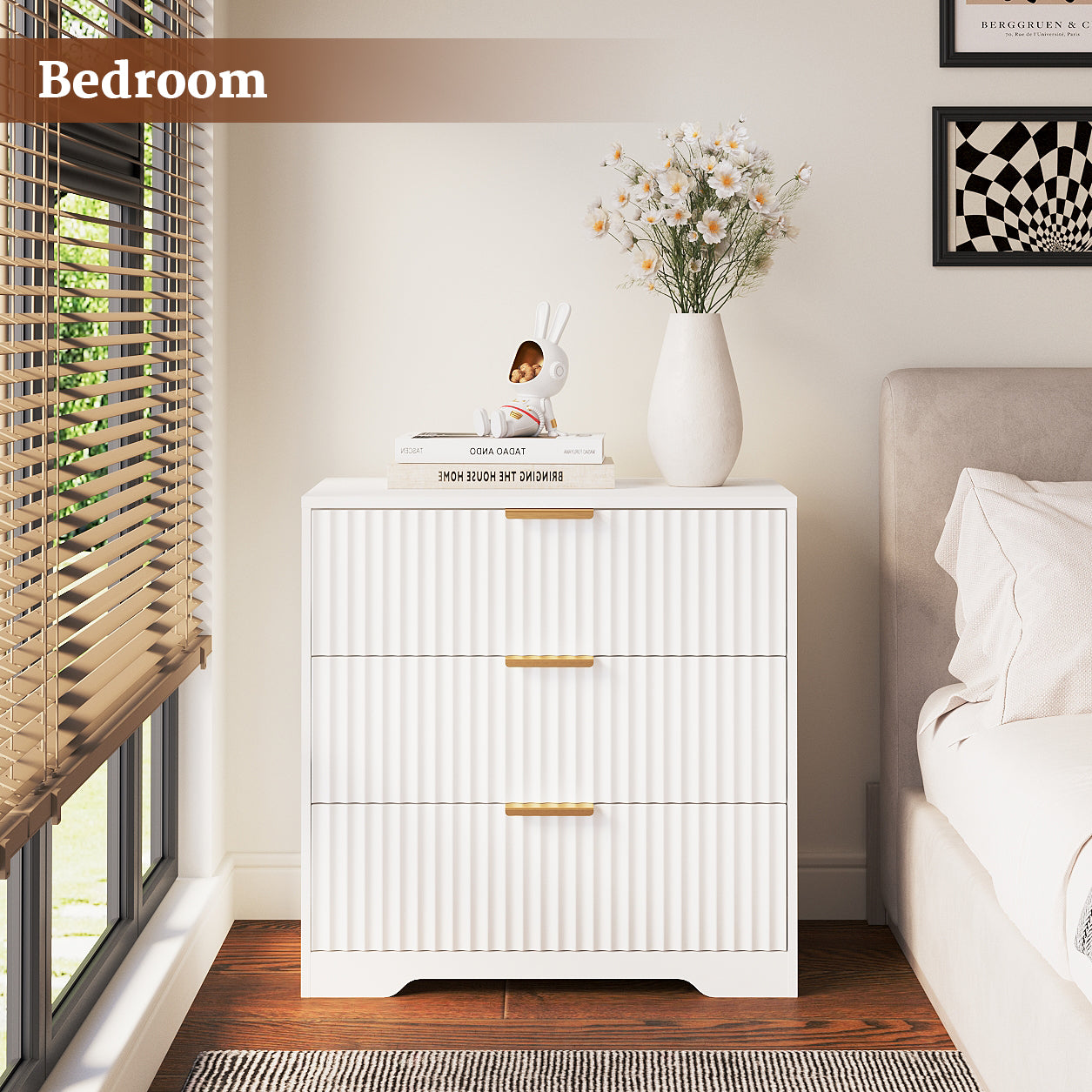 27-in Wide Fluted Night Stand 3 Drawers Large End Table with Storage White Nightstand Wood Bedside Tables Farmhouse Cabinet Dresser for Bedroom Closet