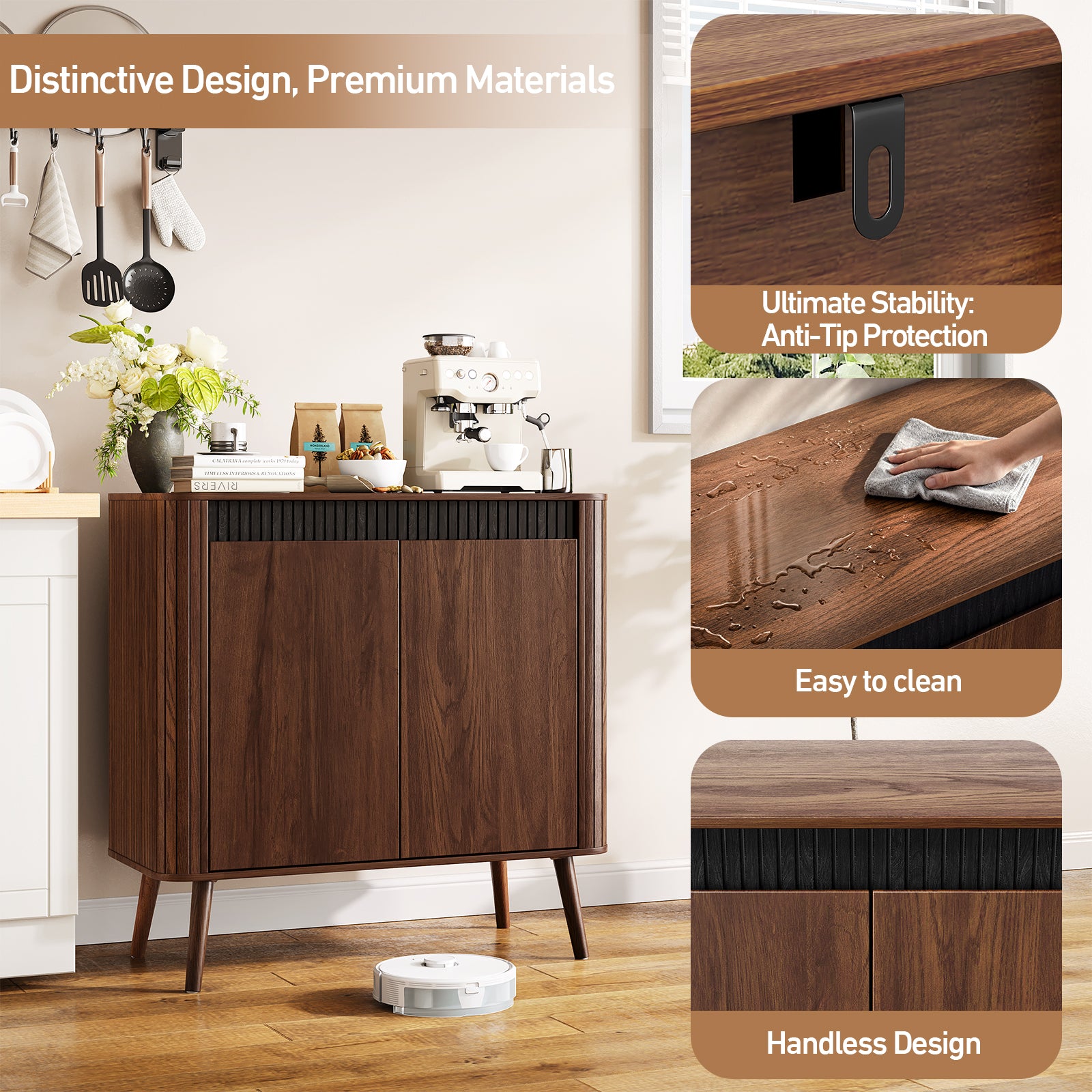 Qwatto 31.5" Fluted Sideboard Buffet Cabinet Modern Accent Storage Cabinet Adjustable Shelves Wood Coffee Bar Console Table Dining Living Walnut