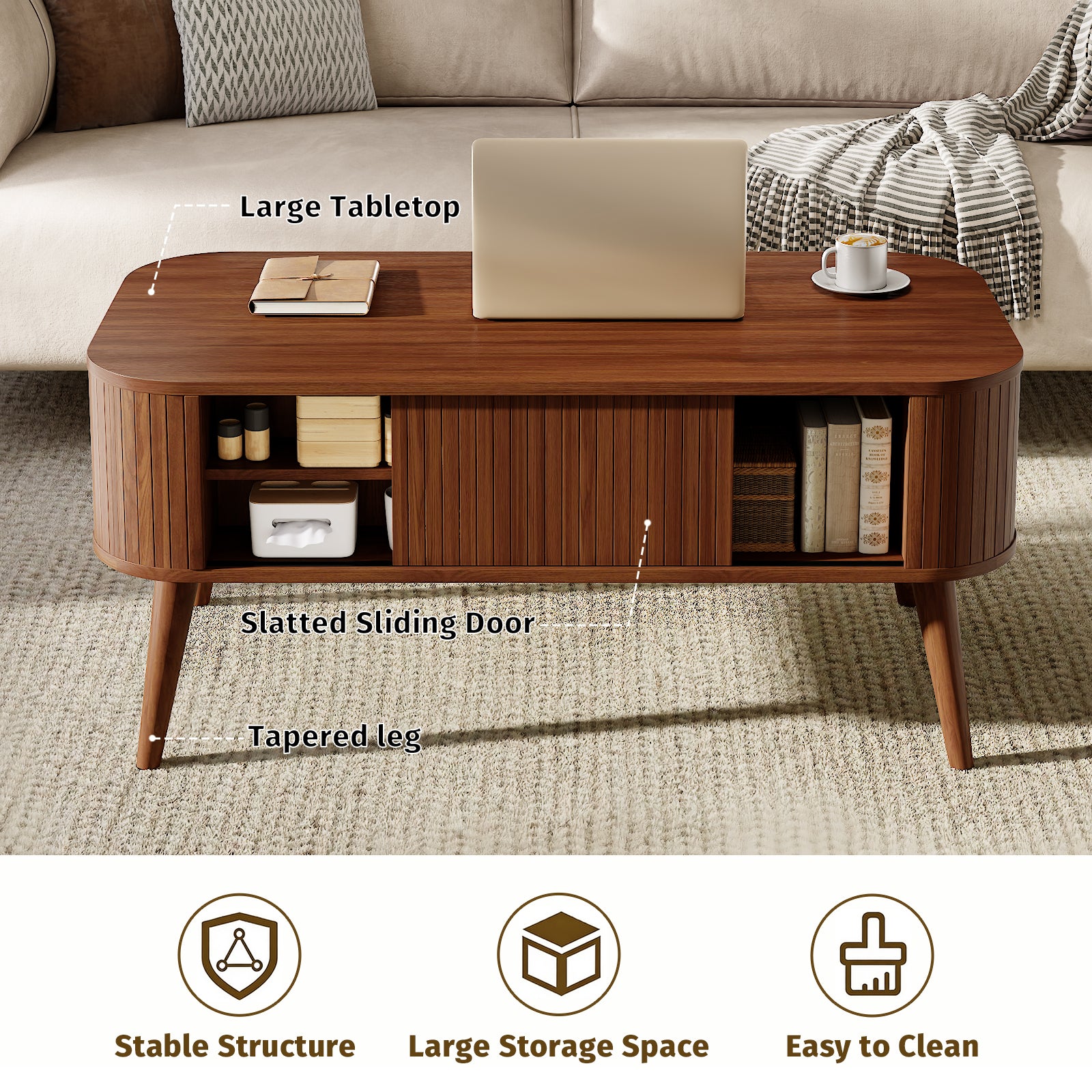 Qwatto Mid Century Modern Coffee Table with Storage Fluted Sliding Cabinet Door Farmhouse Wood Rectangular Center Table Living Room Walnut Finish