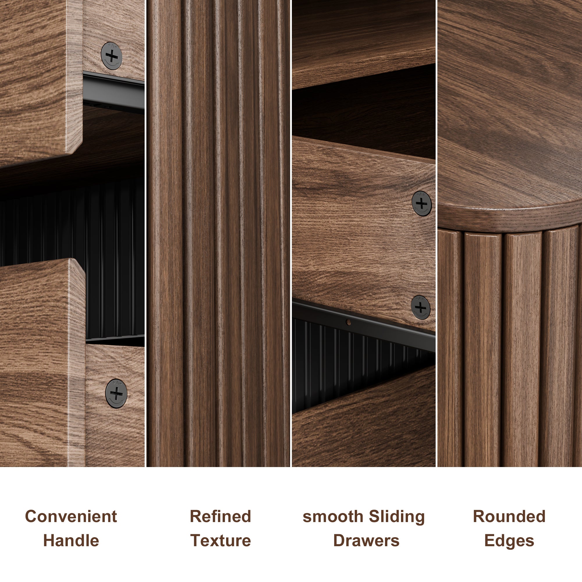 Walnut Side Table with Charging Station 2 Drawers Roller Design Modern Nightstand Rounded Edge Wood End Table Bedroom Living Room Sofa