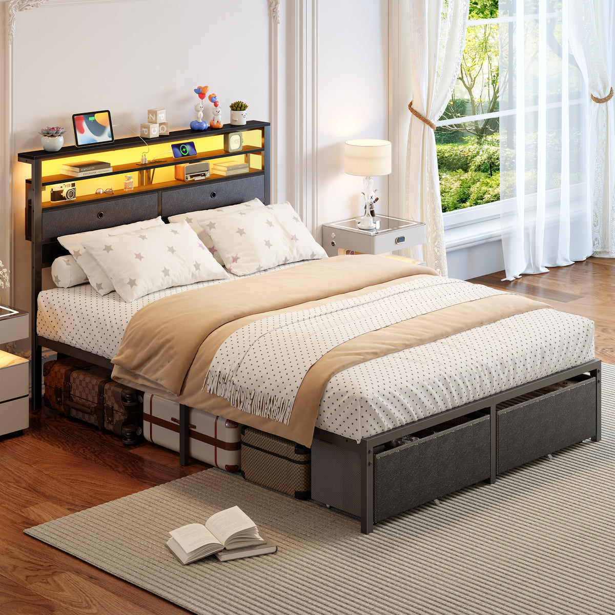 Full Size Bed Frame with Storage Headboard & 4 Drawers, LED Lights