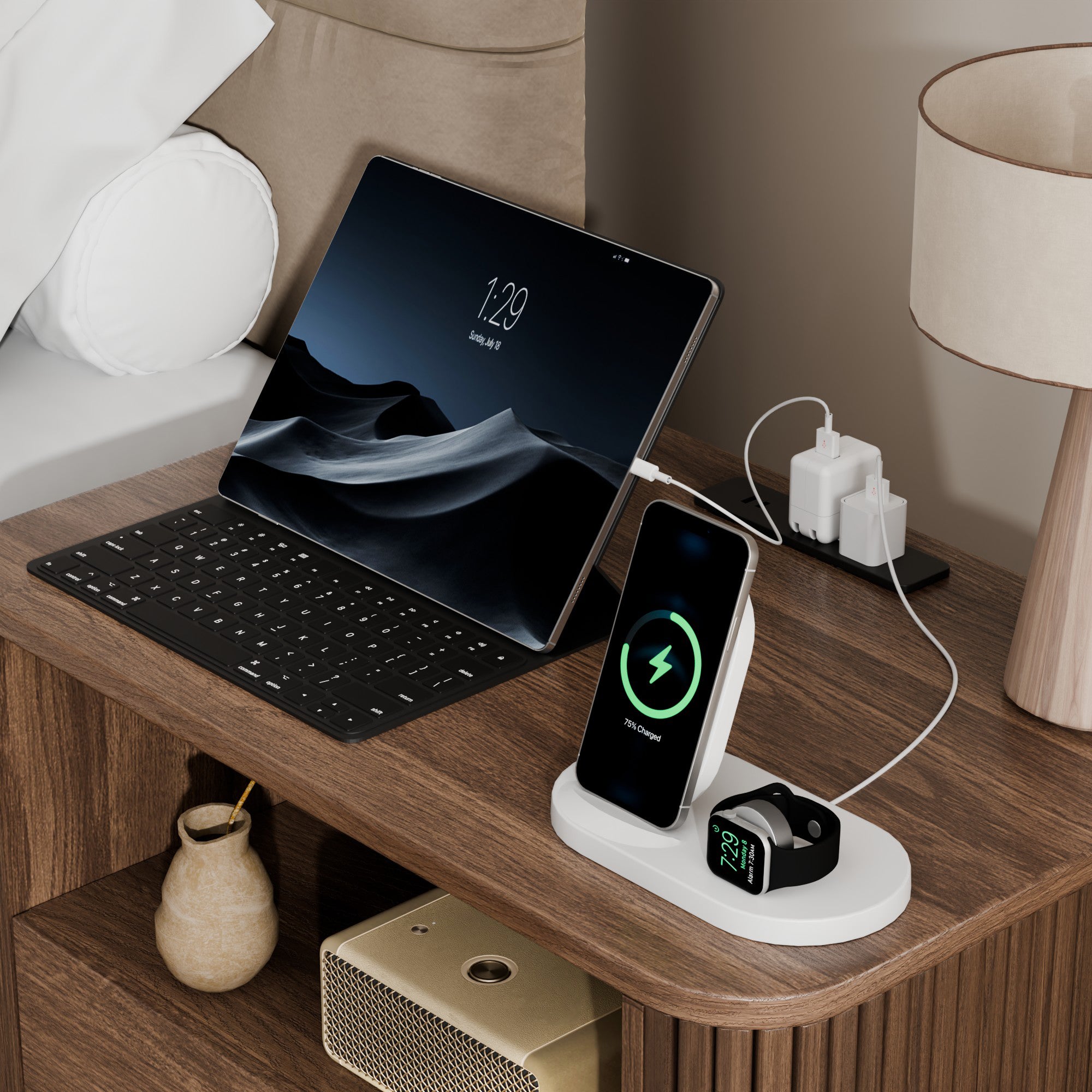 Walnut Wood Nightstand with Charging Station 2 Drawers Rolling Side Table Modern Rounded Edge End Table for Bedroom Living Room Small Space Furniture