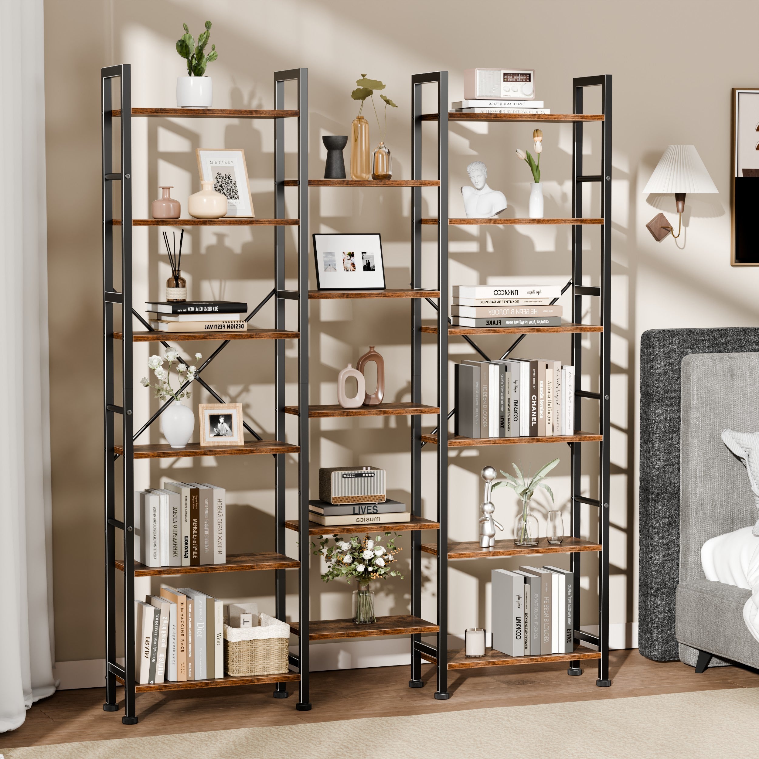 Qwatto Brown 6 Tier Bookshelf 17 Open Display Shelves Wood Metal Storage Organizer Industrial Wide Shelving Unit Freestanding Etagere in Home Office