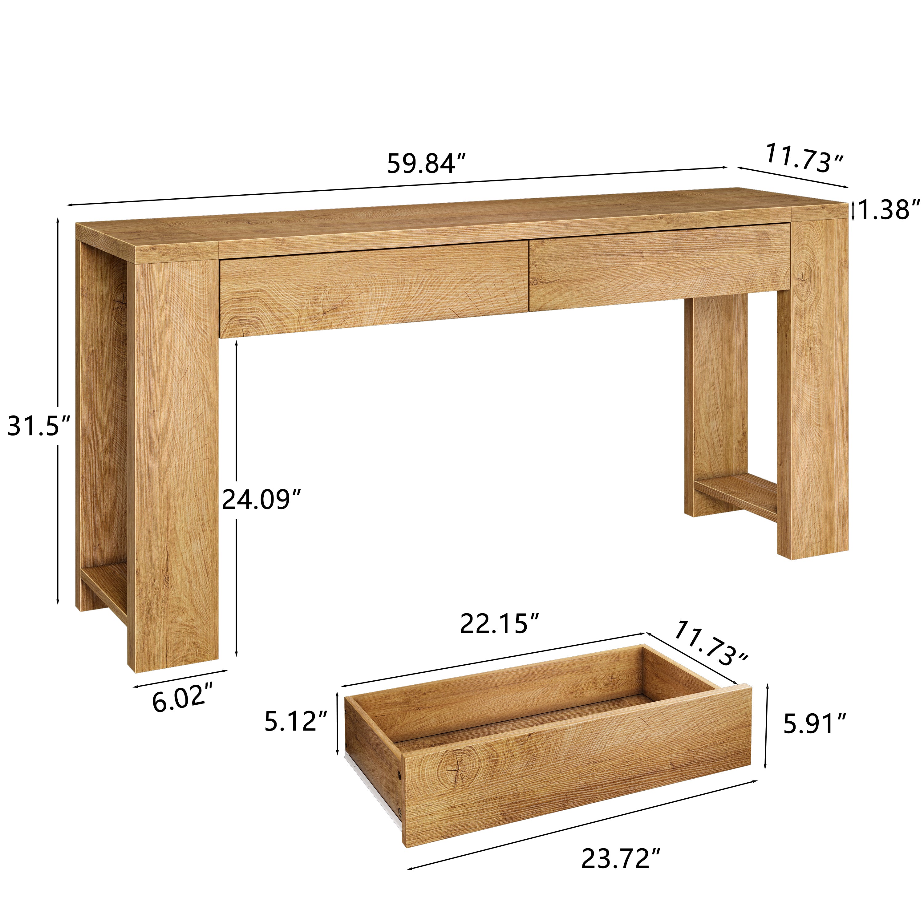 Qwatto 60 Inch Console Table Modern Entryway Storage Table with 2 Drawers Long Sofa Table Behind Couch for Living Room Hallway Foyer Natural Oak