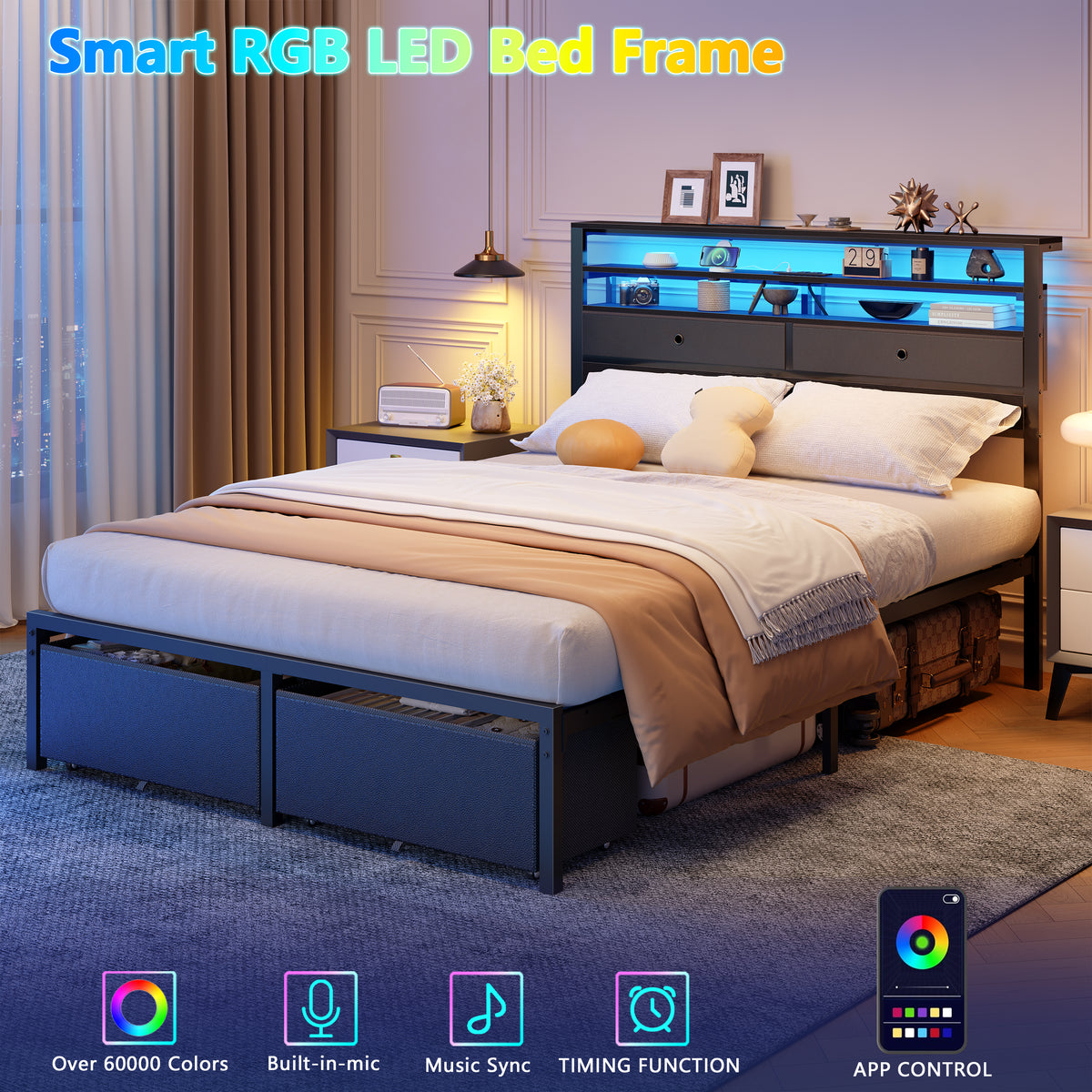 Full Size Bed Frame with Storage Headboard & 4 Drawers, LED Lights