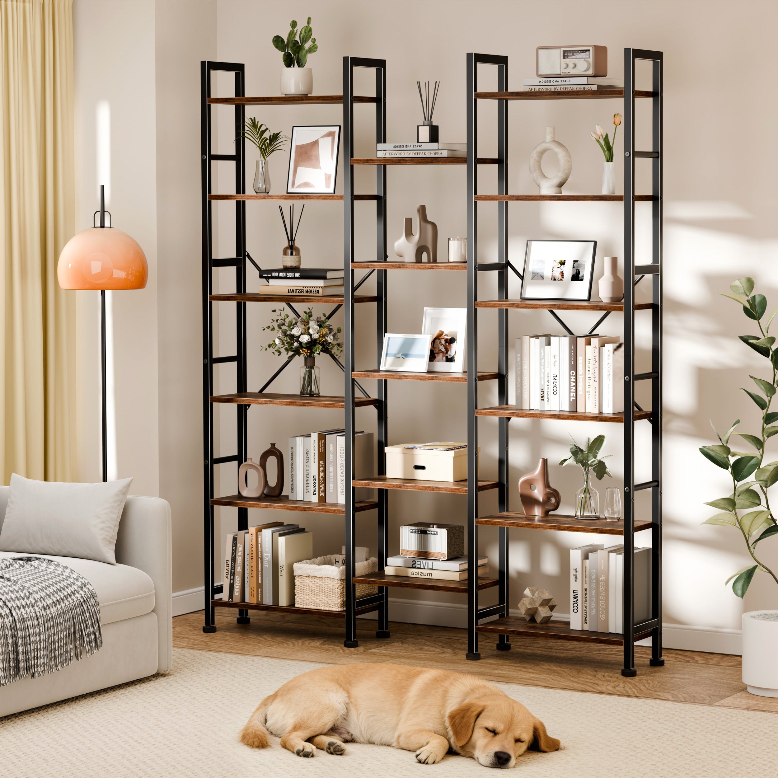 Qwatto Brown 6 Tier Bookshelf 17 Open Display Shelves Wood Metal Storage Organizer Industrial Wide Shelving Unit Freestanding Etagere in Home Office