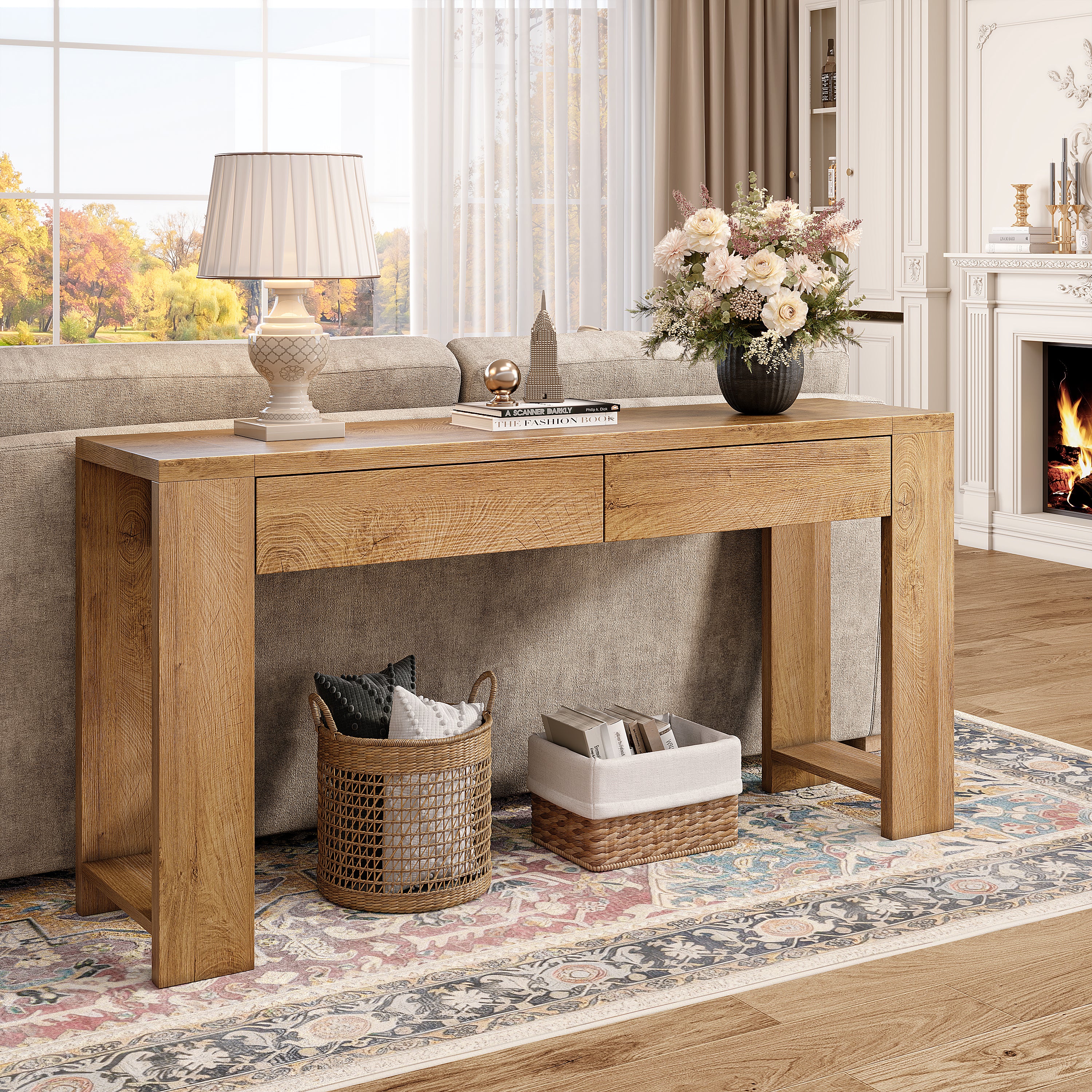 Qwatto 60 Inch Console Table Modern Entryway Storage Table with 2 Drawers Long Sofa Table Behind Couch for Living Room Hallway Foyer Natural Oak