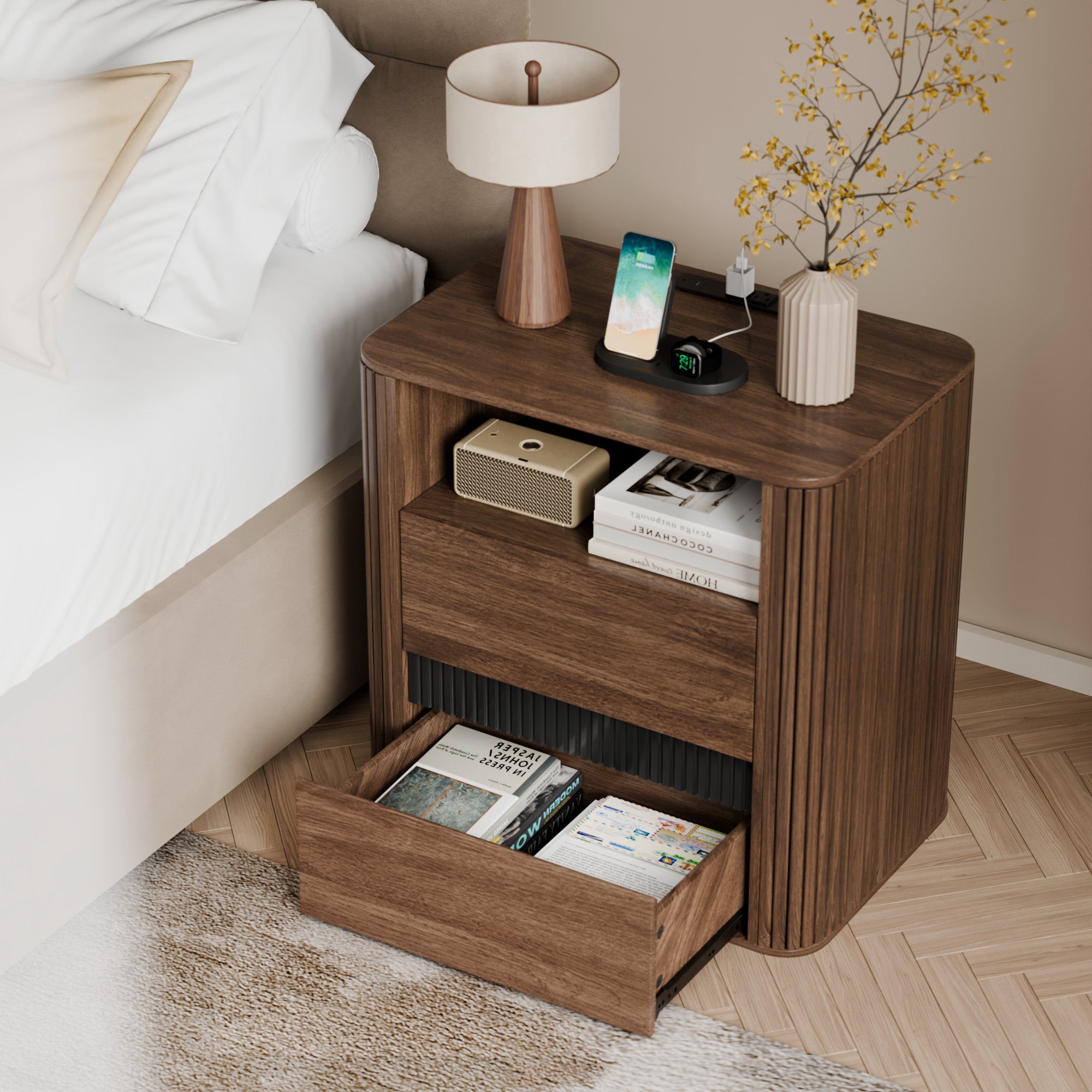 Modern Walnut Bedside Table with Charging Station 2 Drawers Roller Shutter Design Rounded Arc Nightstand Mid Century End Table Bedroom Wood