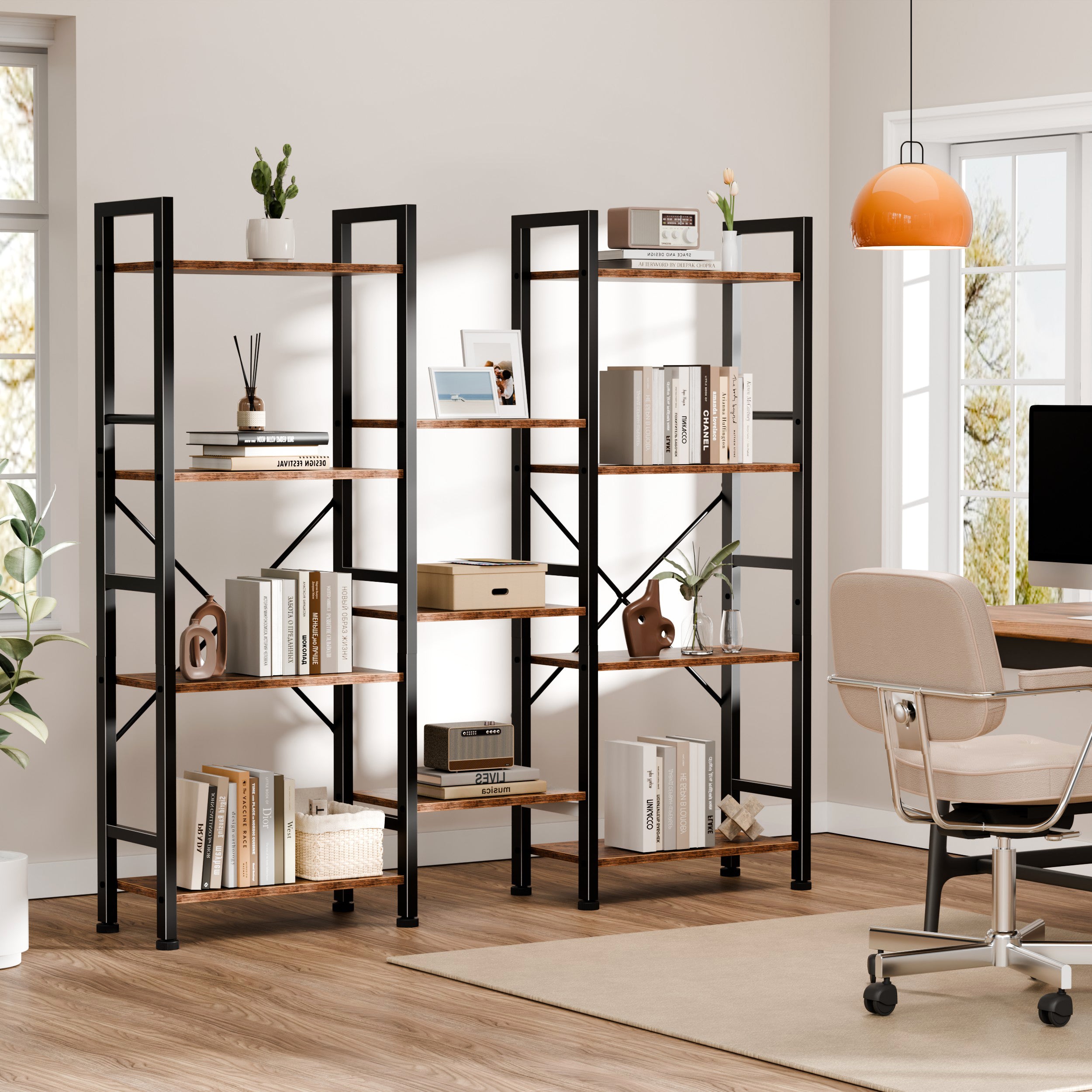 Qwatto Brown Triple 4 Tier Bookshelf 11 Open Display Shelves Wood Metal Storage Organizer Industrial Wide Shelving Unit Home Office Etagere Bookcase