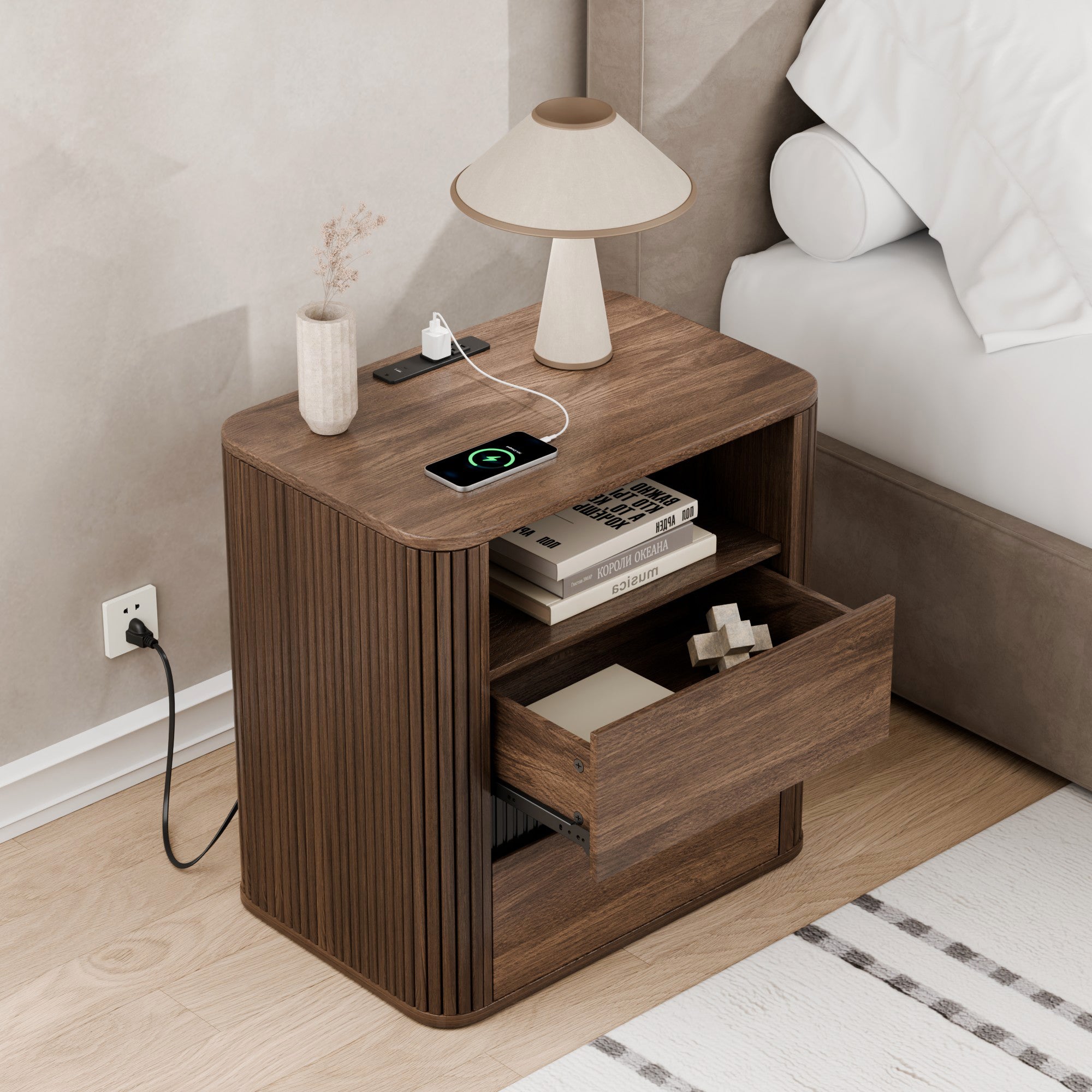 Walnut Nightstand with Charging Station and 2 Drawers Rolling Side Table for Bedroom Modern Wood End Table with Rounded Edges Living Room Furniture