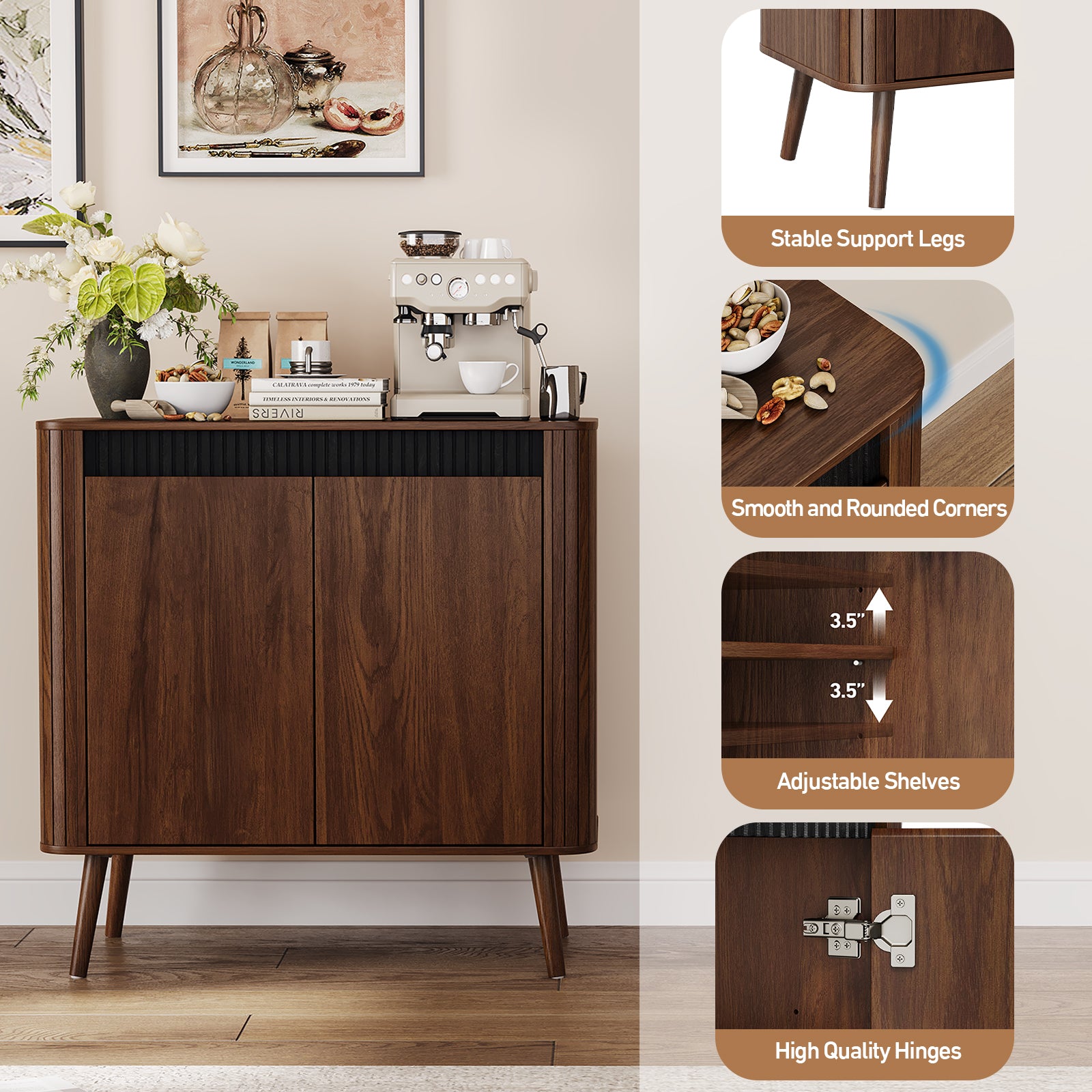 Qwatto 31.5" Fluted Sideboard Buffet Cabinet Modern Accent Storage Cabinet Adjustable Shelves Wood Coffee Bar Console Table Dining Living Walnut