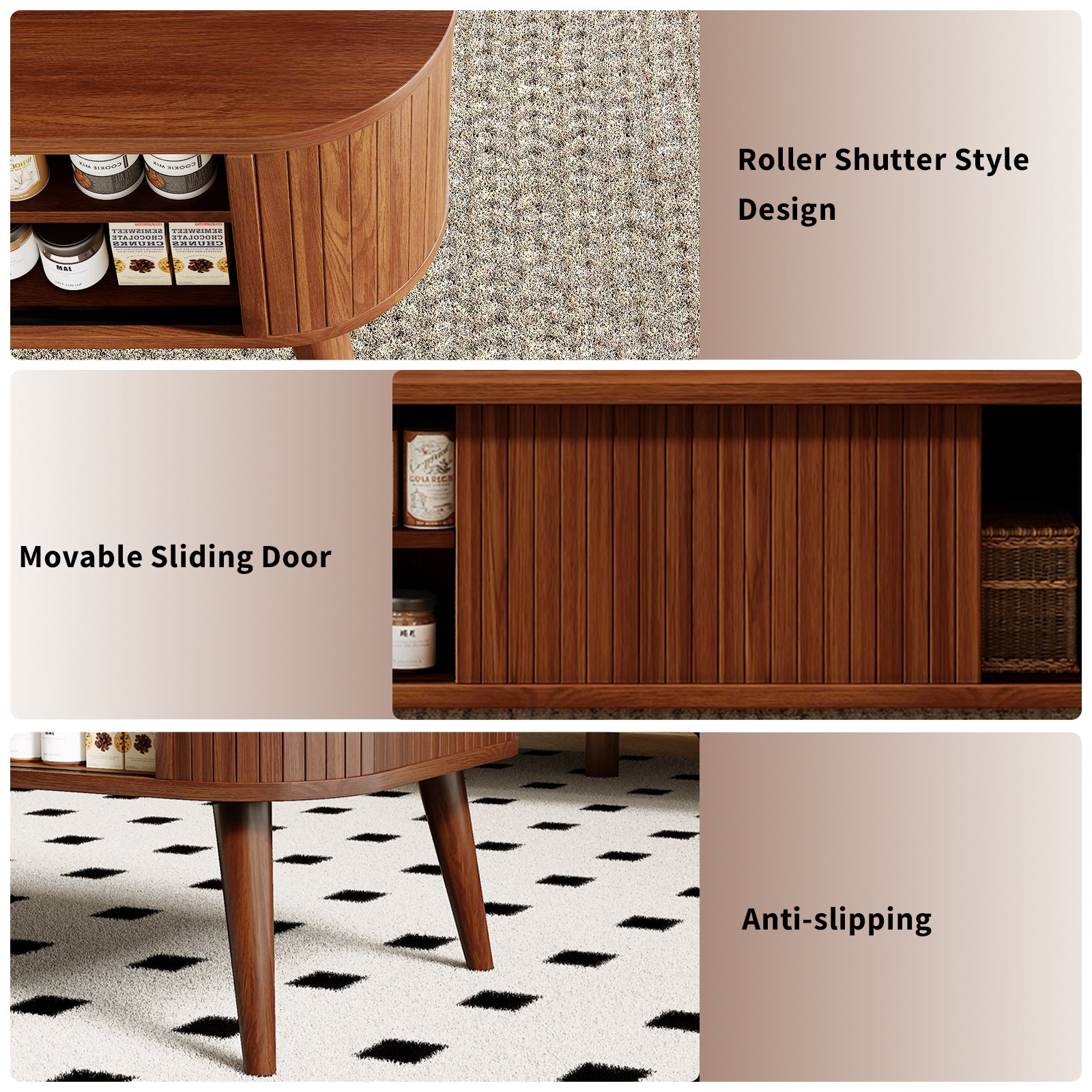 Qwatto Mid Century Modern Coffee Table with Storage Fluted Sliding Cabinet Door Farmhouse Wood Rectangular Center Table Living Room Walnut Finish