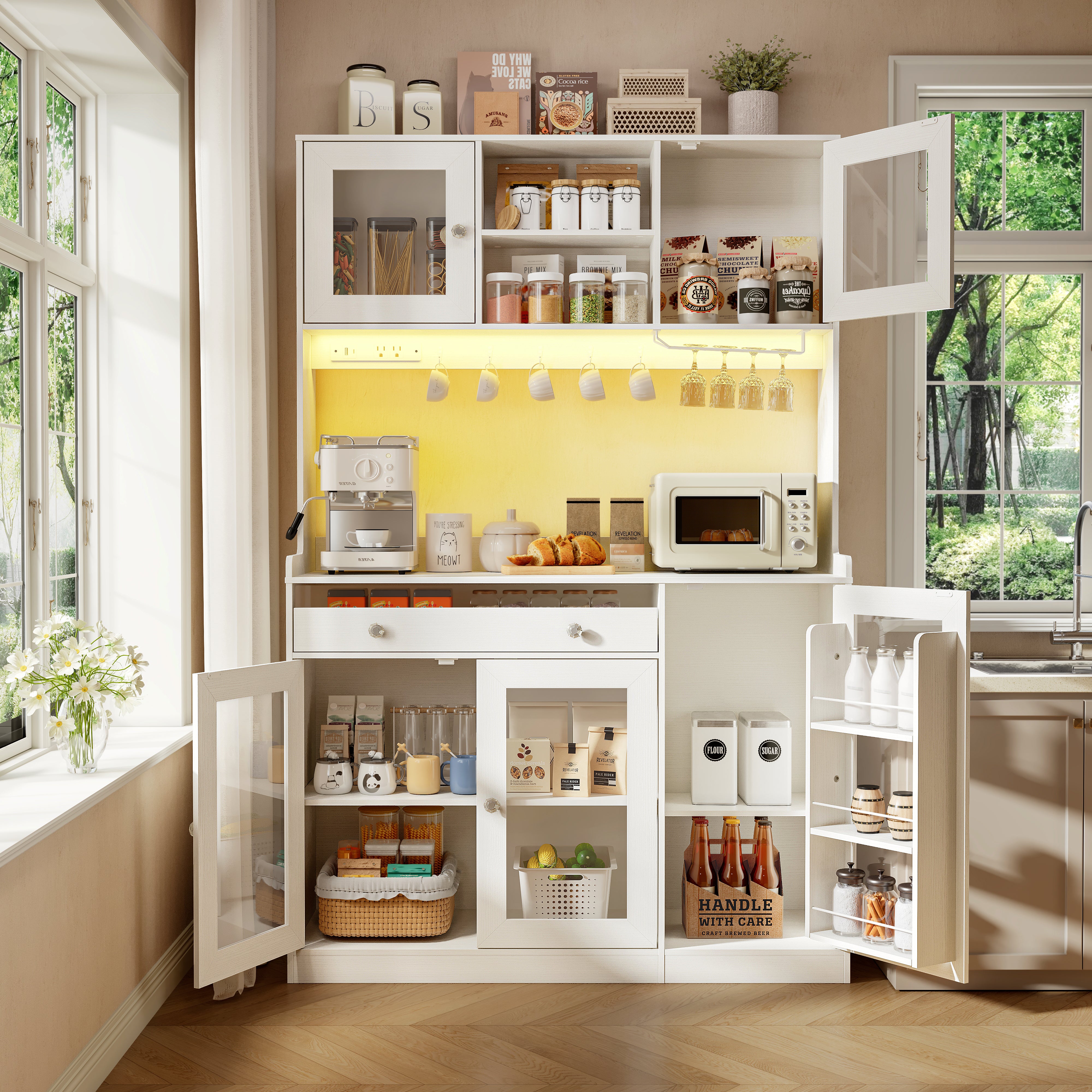 Qwatto 71"Kitchen Pantry Cabinet with Charging Station and LED Lights Tall Freestanding Kitchen Hutch with storage Rack Microwave Stand White Cabinet