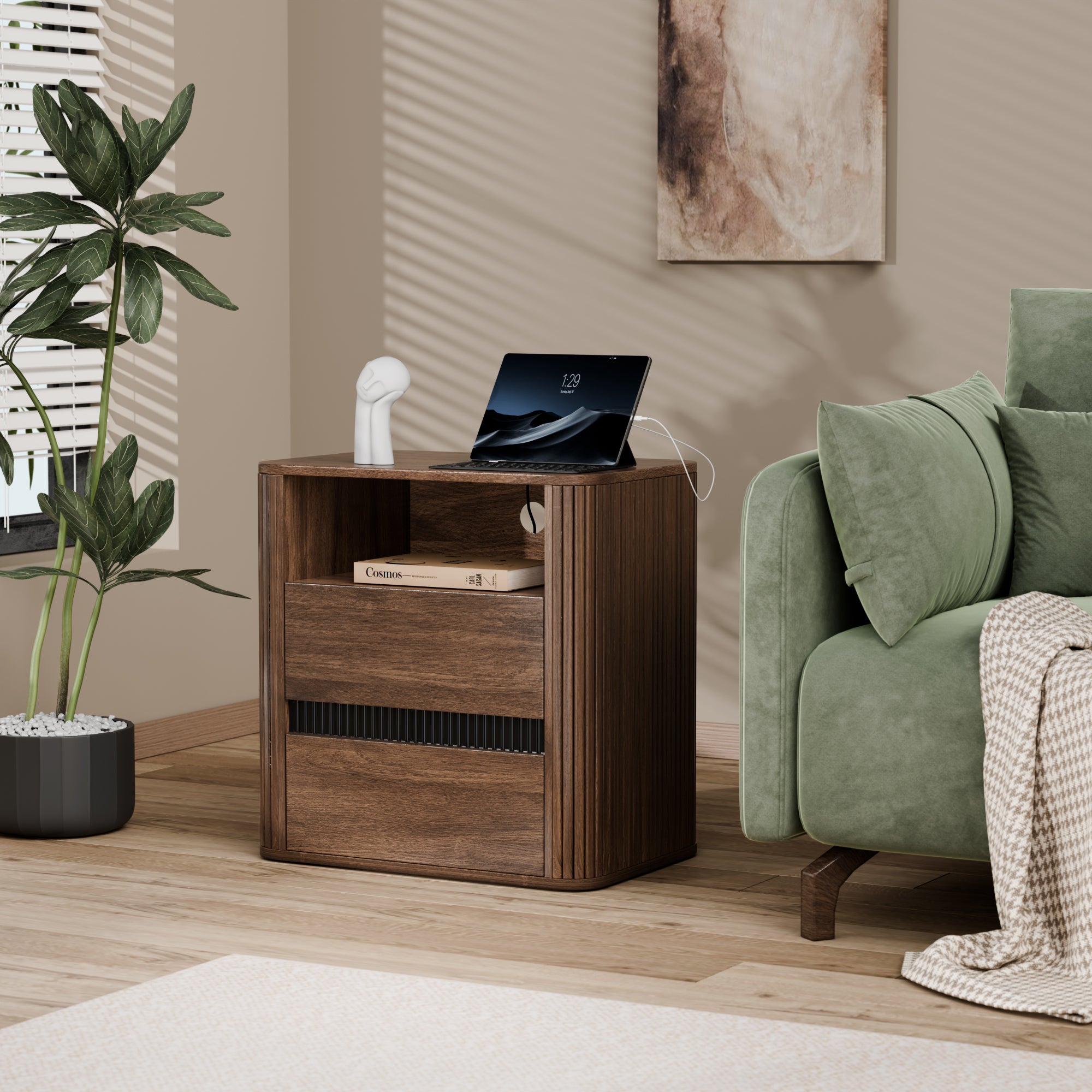 Mid Century Modern Nightstand Charging Station Walnut Wood 2 Drawers Rounded Arc Design Bedside Table Roller Blind End Table Living Room