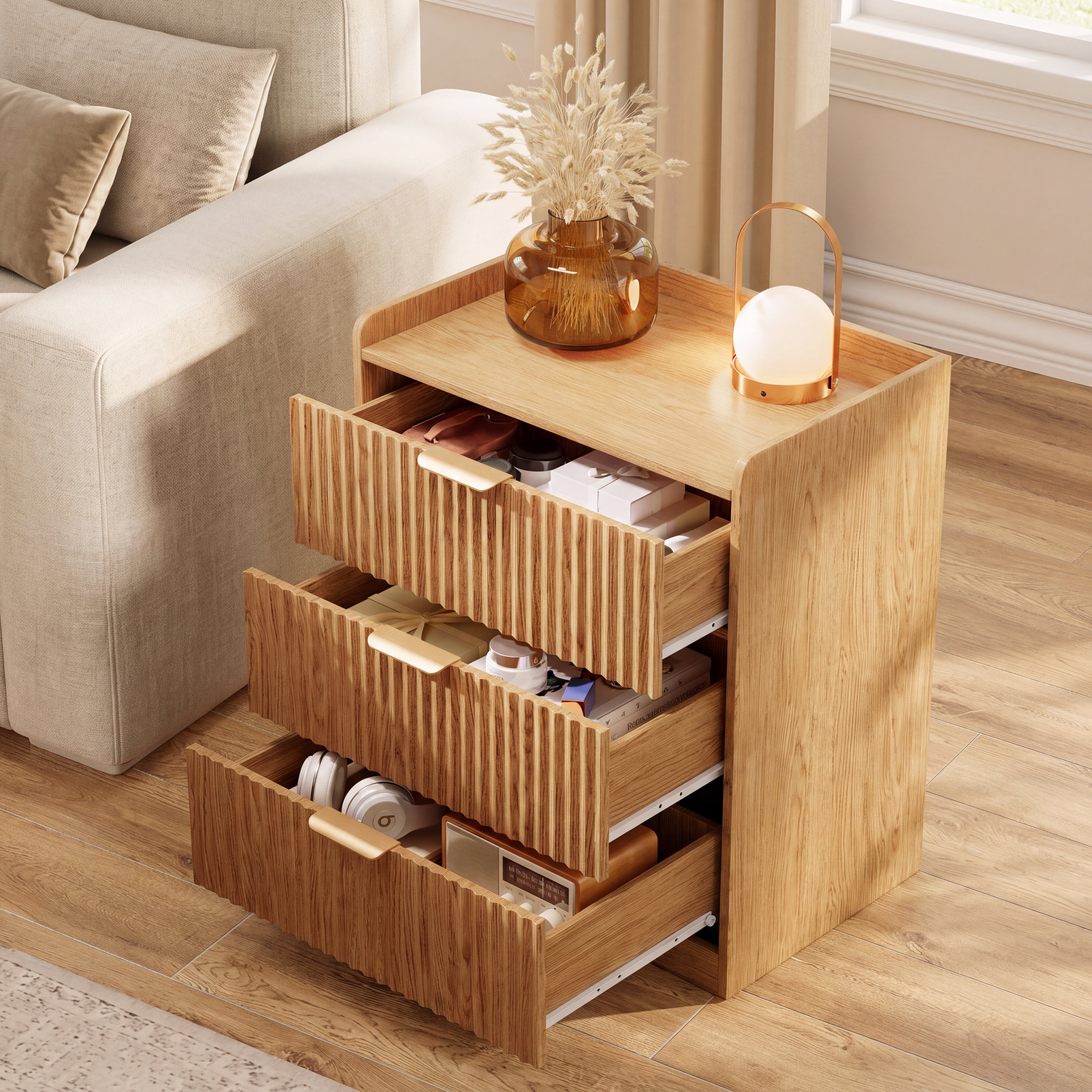 Natural Oak 3 Drawer Fluted Nightstand Modern Wood Bedside Table Accent Dresser Chest of Drawers with Metal Handles for Bedroom and Entryway