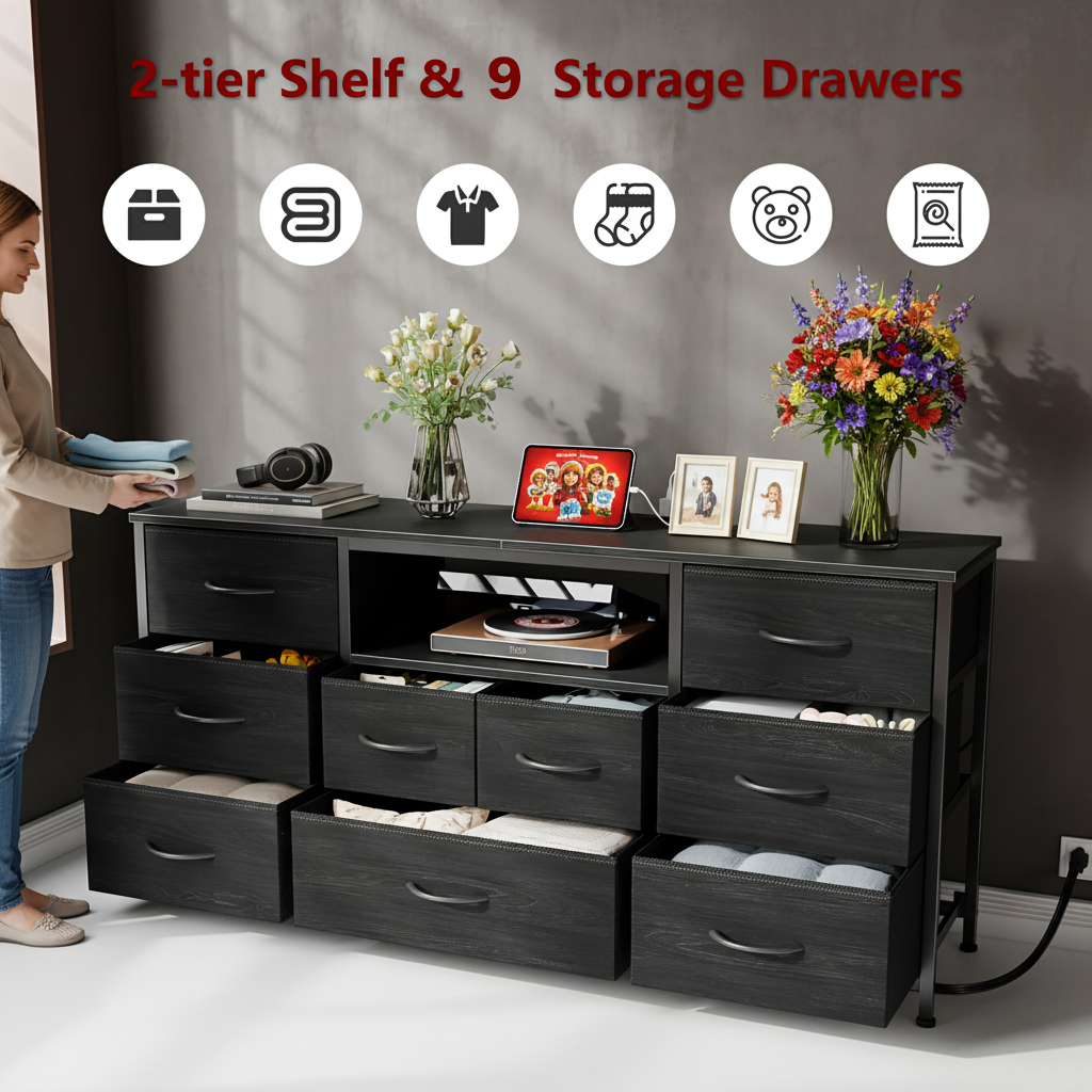 9 Drawer Dresser 63” Long TV Stand for Bedroom Center with Power Outlet & LED Light for 65"-75" TV Black Dresser with Fabric Storage Black