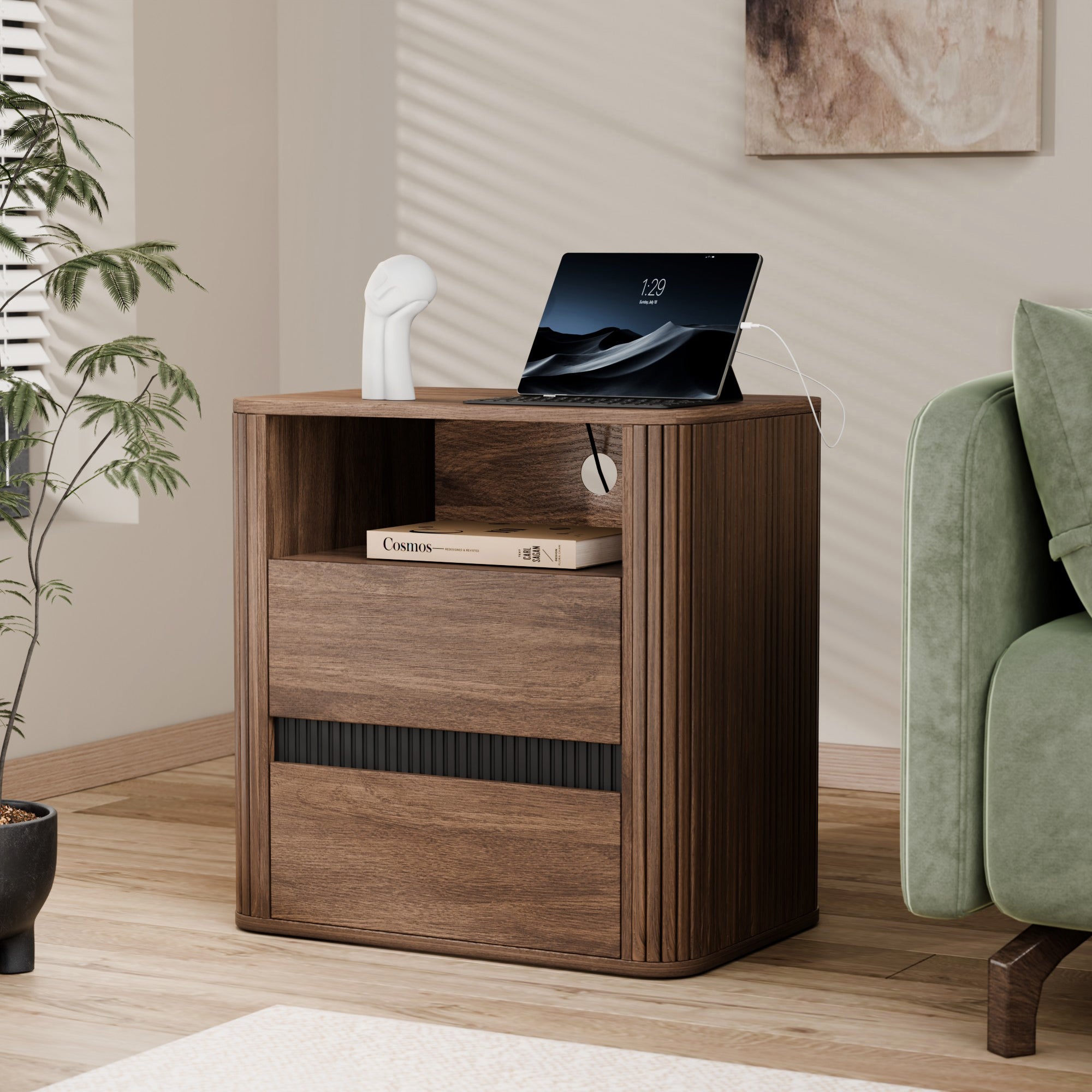 Walnut Nightstand with Charging Station and 2 Drawers Rolling Side Table for Bedroom Modern Wood End Table with Rounded Edges Living Room Furniture