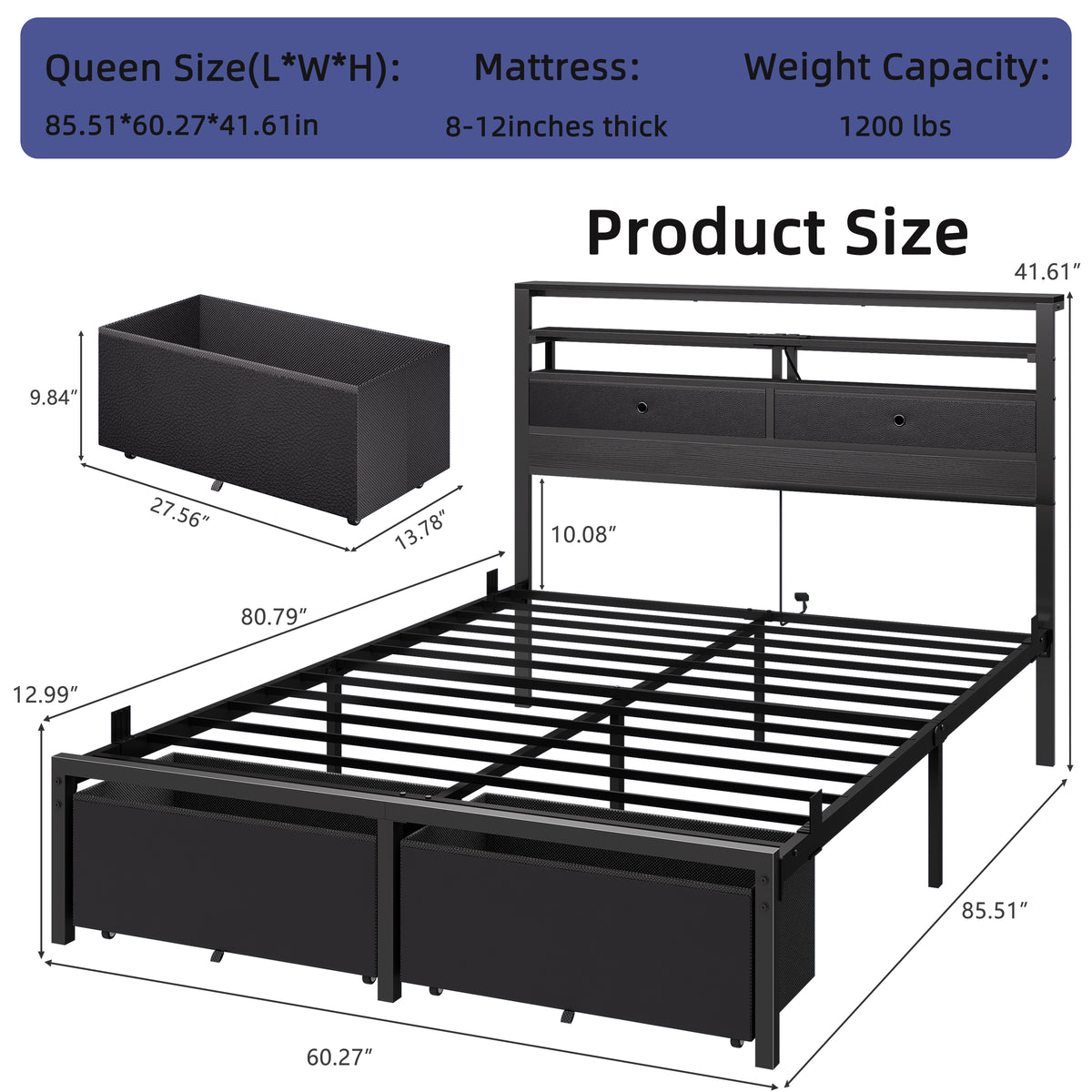 Queen Bed Frame with Storage Headboard and 4 Drawers, LED Lights