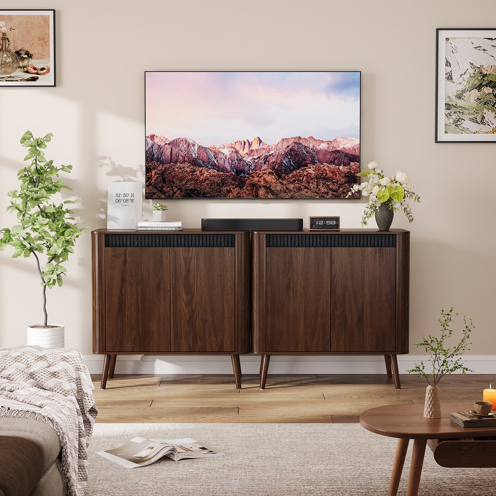 Qwatto 31.5" Fluted Sideboard Buffet Cabinet Modern Accent Storage Cabinet Adjustable Shelves Wood Coffee Bar Console Table Dining Living Walnut