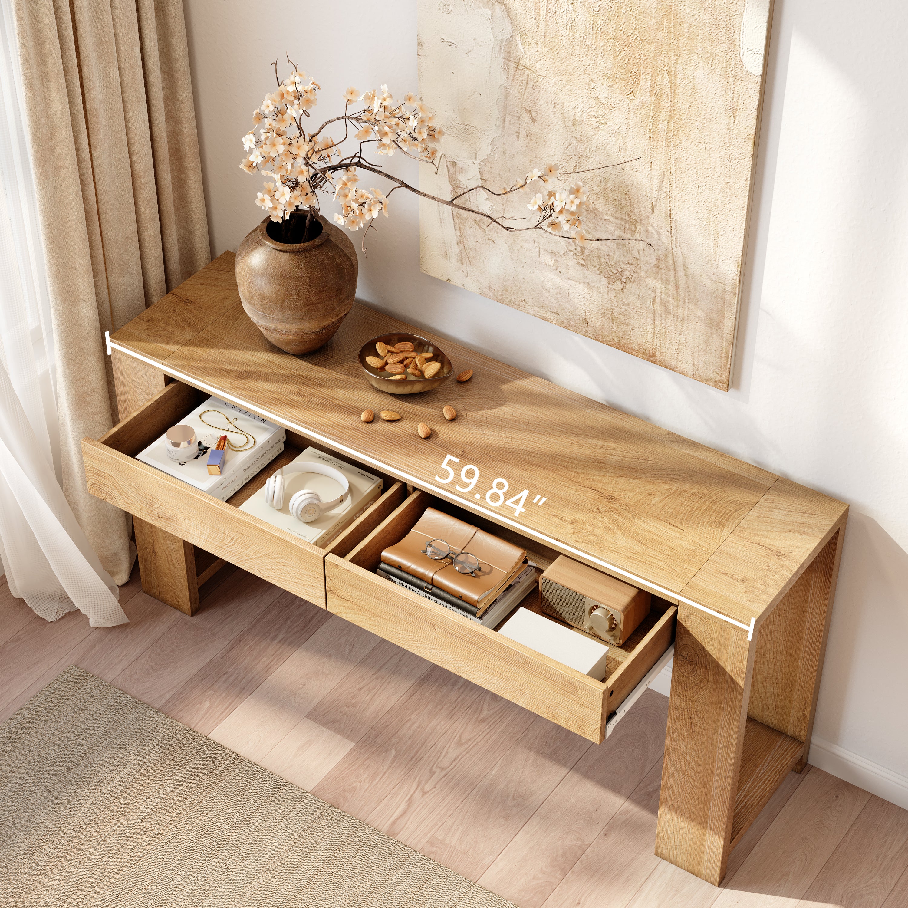 Qwatto 60 Inch Console Table Modern Entryway Storage Table with 2 Drawers Long Sofa Table Behind Couch for Living Room Hallway Foyer Natural Oak