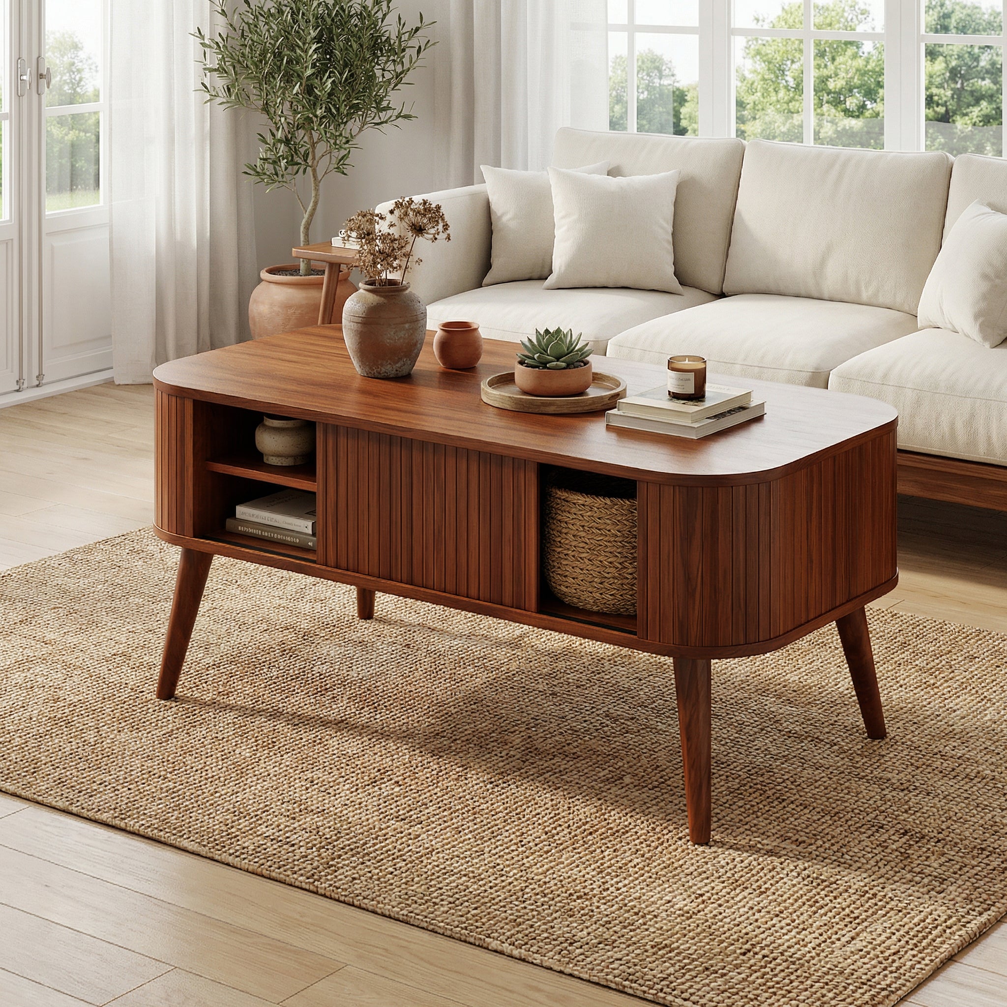 Qwatto Mid Century Modern Coffee Table with Storage Fluted Sliding Cabinet Door Farmhouse Wood Rectangular Center Table Living Room Walnut Finish