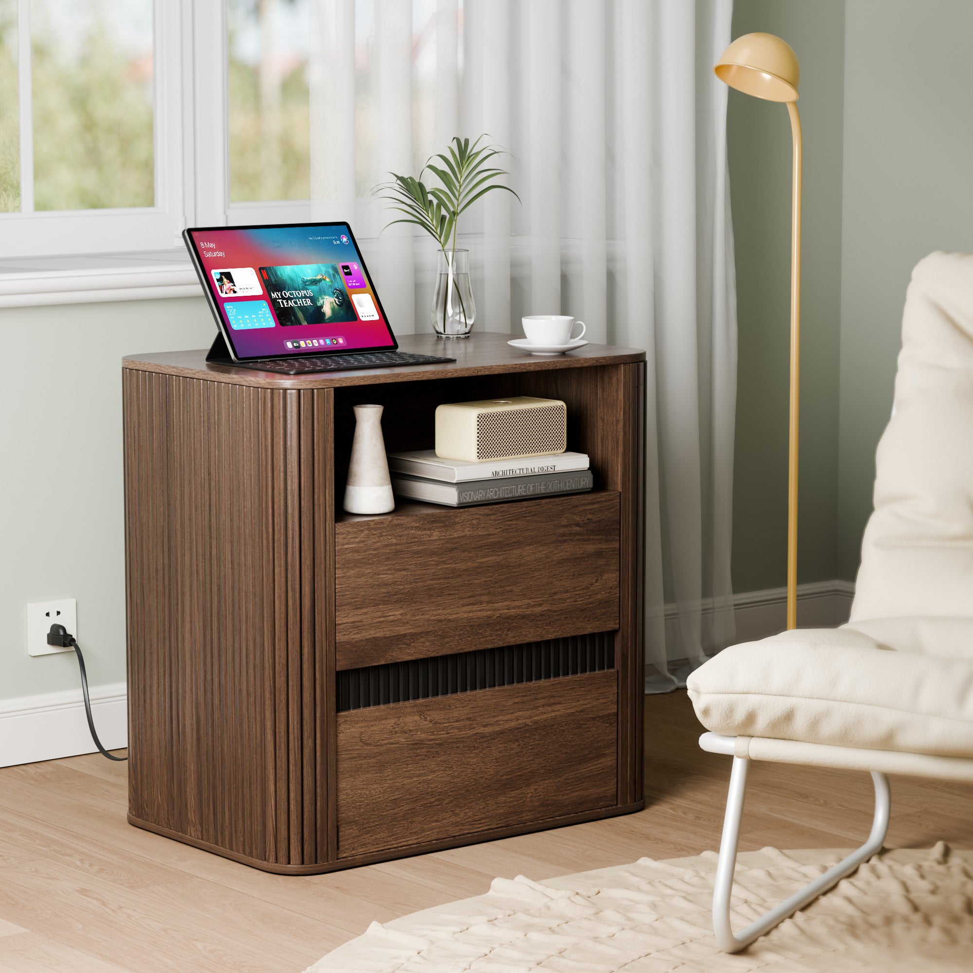 Walnut Side Table with Charging Station 2 Drawers Roller Design Modern Nightstand Rounded Edge Wood End Table Bedroom Living Room Sofa