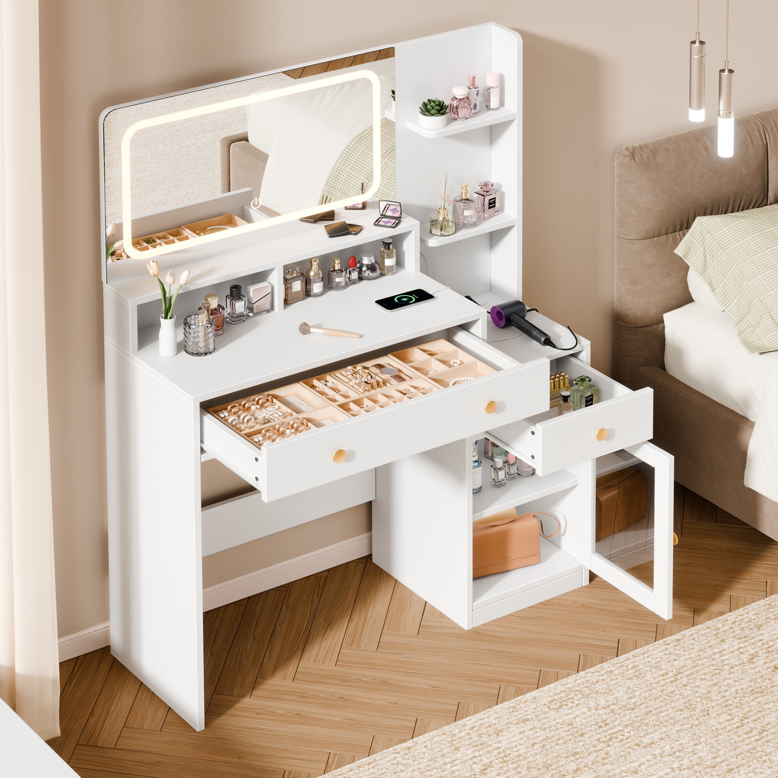 Modern White Makeup Vanity Desk with LED Lighted Mirror Charging Station 2 Outlets USB Type C 2 Drawers 3 Shelves Acrylic Cabinet Bedroom Vanity Set