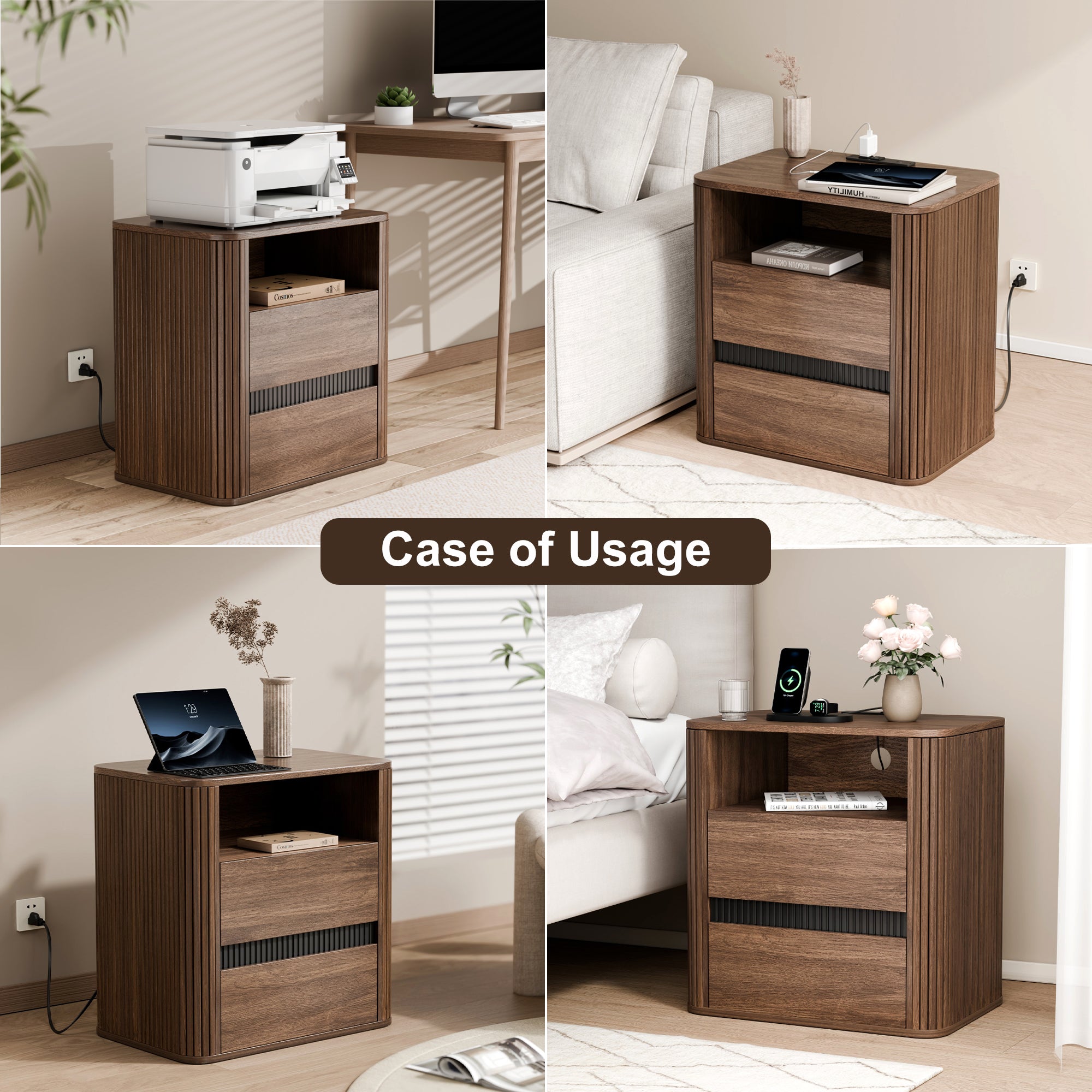 Walnut Wood Nightstand with Charging Station 2 Drawers Rolling Side Table Modern Rounded Edge End Table for Bedroom Living Room Small Space Furniture