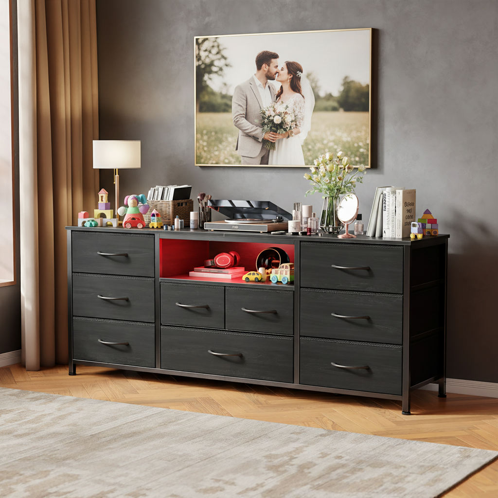 9 Drawer Dresser 55” Long TV Stand for Bedroom Entertainment Center with Power Outlet LED Light for 55"-65" TV Dresser with Fabric Storage Black