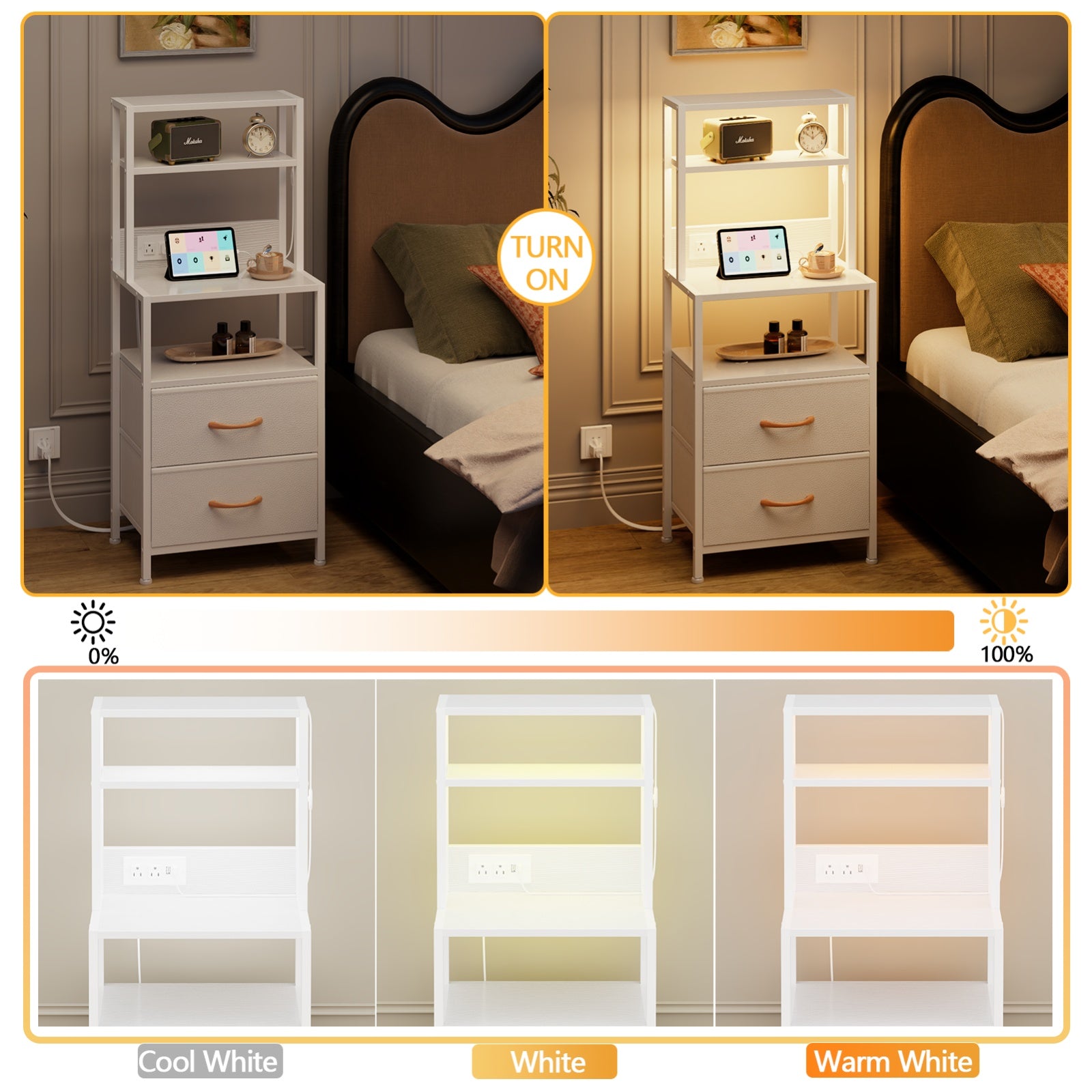 Furnulem Night Stand, Tall Nightstand with 4-Tier Shelves, 2 Fabric Drawers and Light Tube, Bed Side Tables with Charging Station, Bedside Table for Bedroom, Office, Rustic Brown