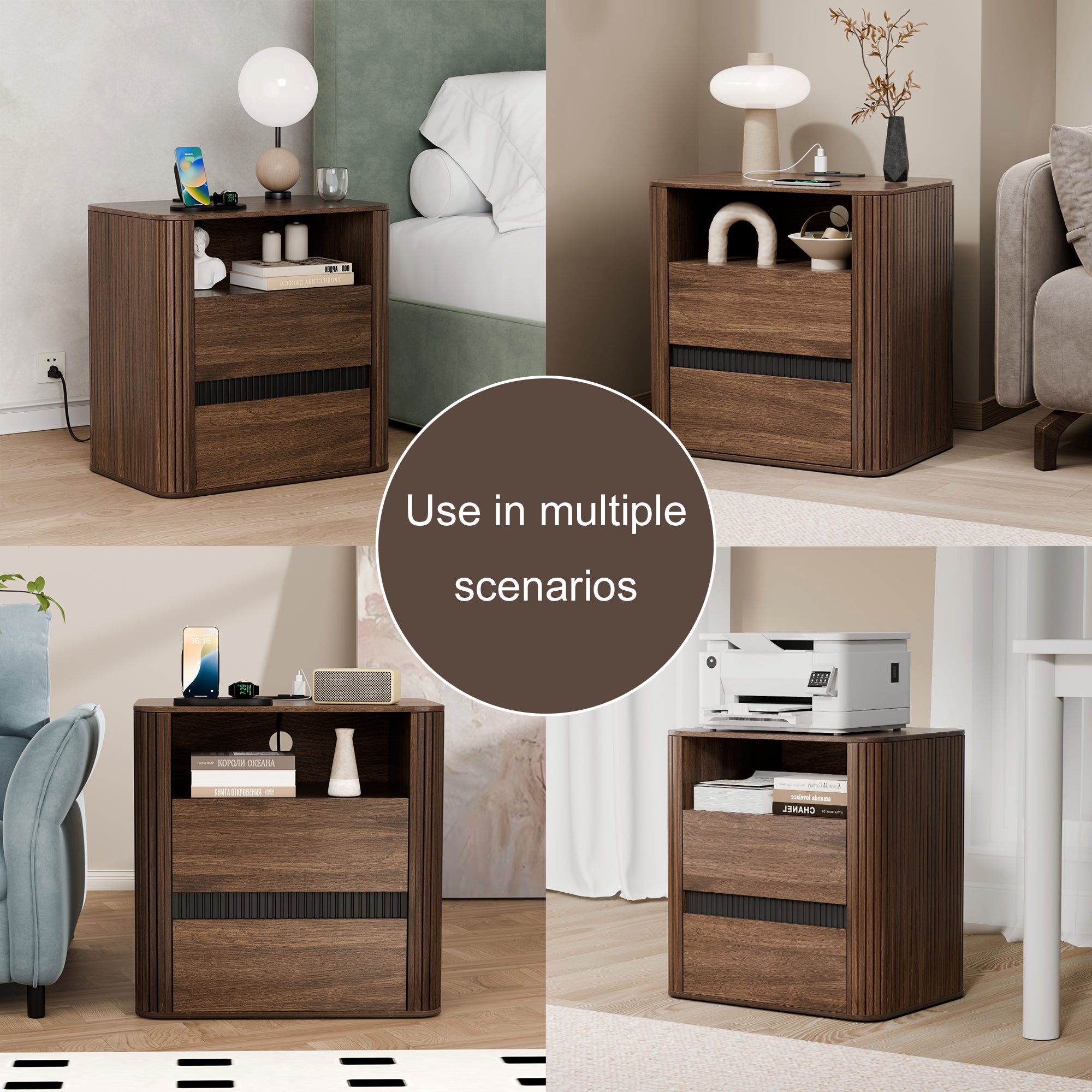 Mid Century End Table with Charging Station Walnut Wood 2 Drawers Nightstand Rounded Roller Design Modern Side Table Bedroom Living Room
